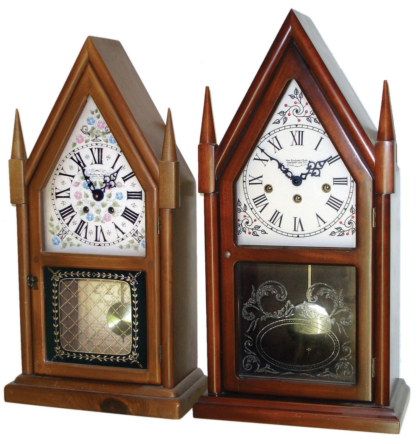 Clocks- 5 (Five) steeple: New England Clock Co., with Kieninger German triple-chime 8 day movement; Waterbury "Large Gothic V.P." 8 days, time and strike,; New England Clock Co. with 2-train modern German movement; Chauncey Jerome 8 days, time and strike,; Jerome &amp; Co. smaller 30 hours, time and strike — Antique Clocks Price Guide