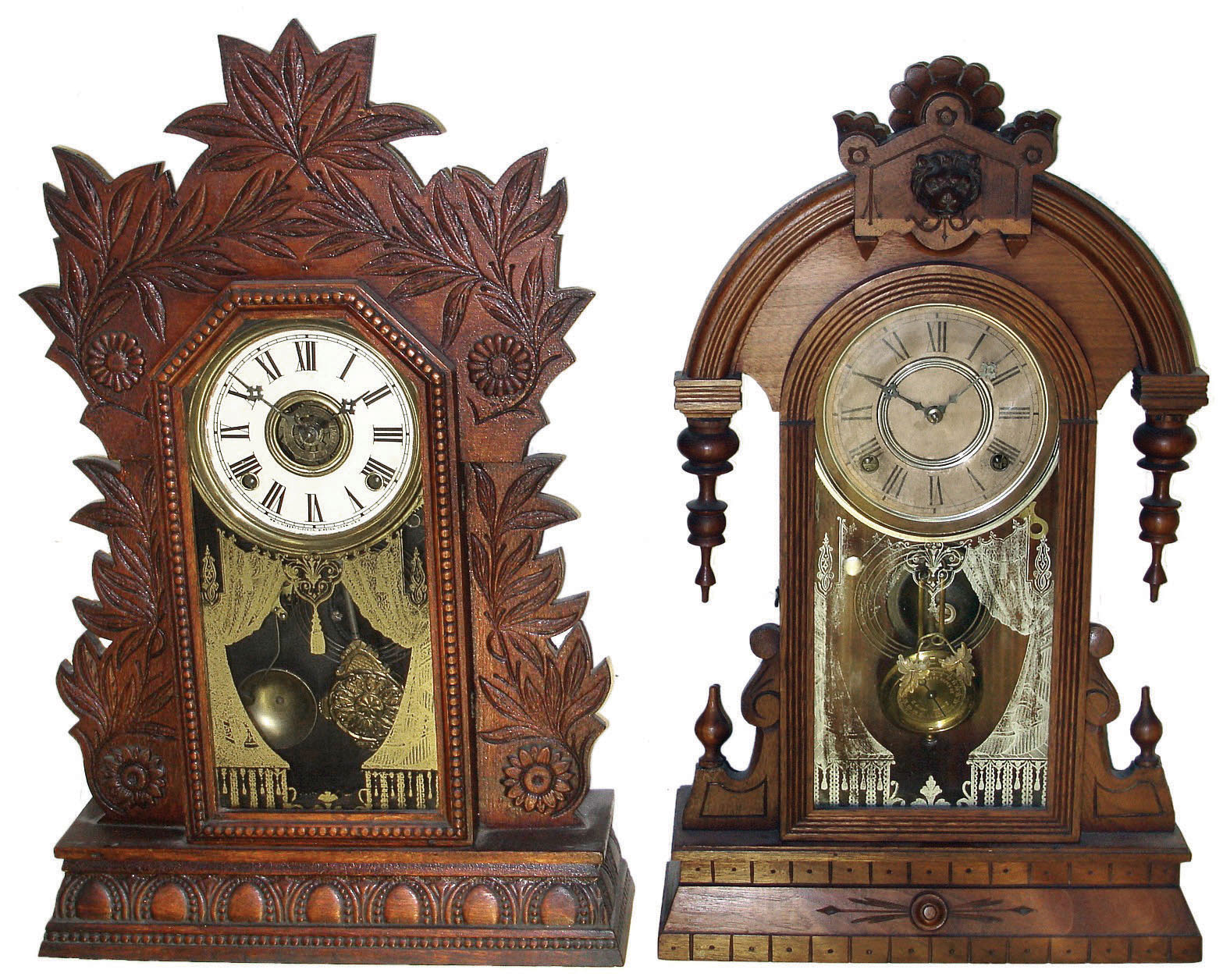 Clocks- 5 (Five) Conn., shelf: Gilbert "Laurel No. 3" oak with alarm; Gilbert "Atossa" walnut with alarm; New Haven No. 550 mahogany; Boyle Bros. for Gilbert walnut; unlabeled [probably Russell &amp; Jones, Pittsfield, Mass.] oak with fancy pendulum; late 19th century — Antique Clocks Price Guide