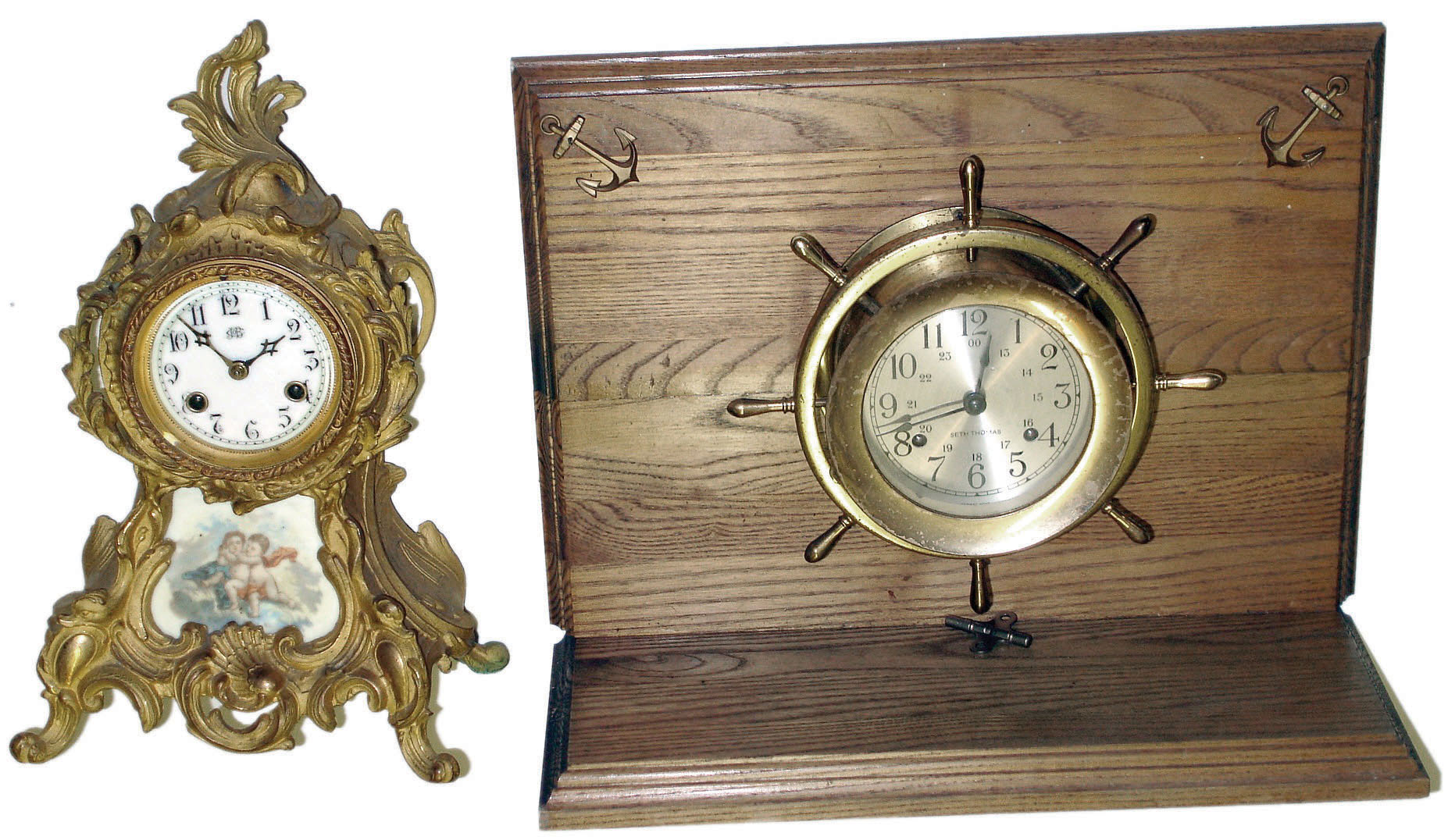 Clocks- 4 (Four) Seth Thomas ship's bells with German 8 day works on wood display, c1950; Jerome &amp; Co. 30 hours, weight driven OG shelf clock, c1875; Jennings Bros. by Waterbury gilt cast metal mantel clock with porcelain plaque, c1910; Seth Thomas small rear-wind 8 days, time and strike, pillar and scroll c1963. — Antique Clocks Price Guide