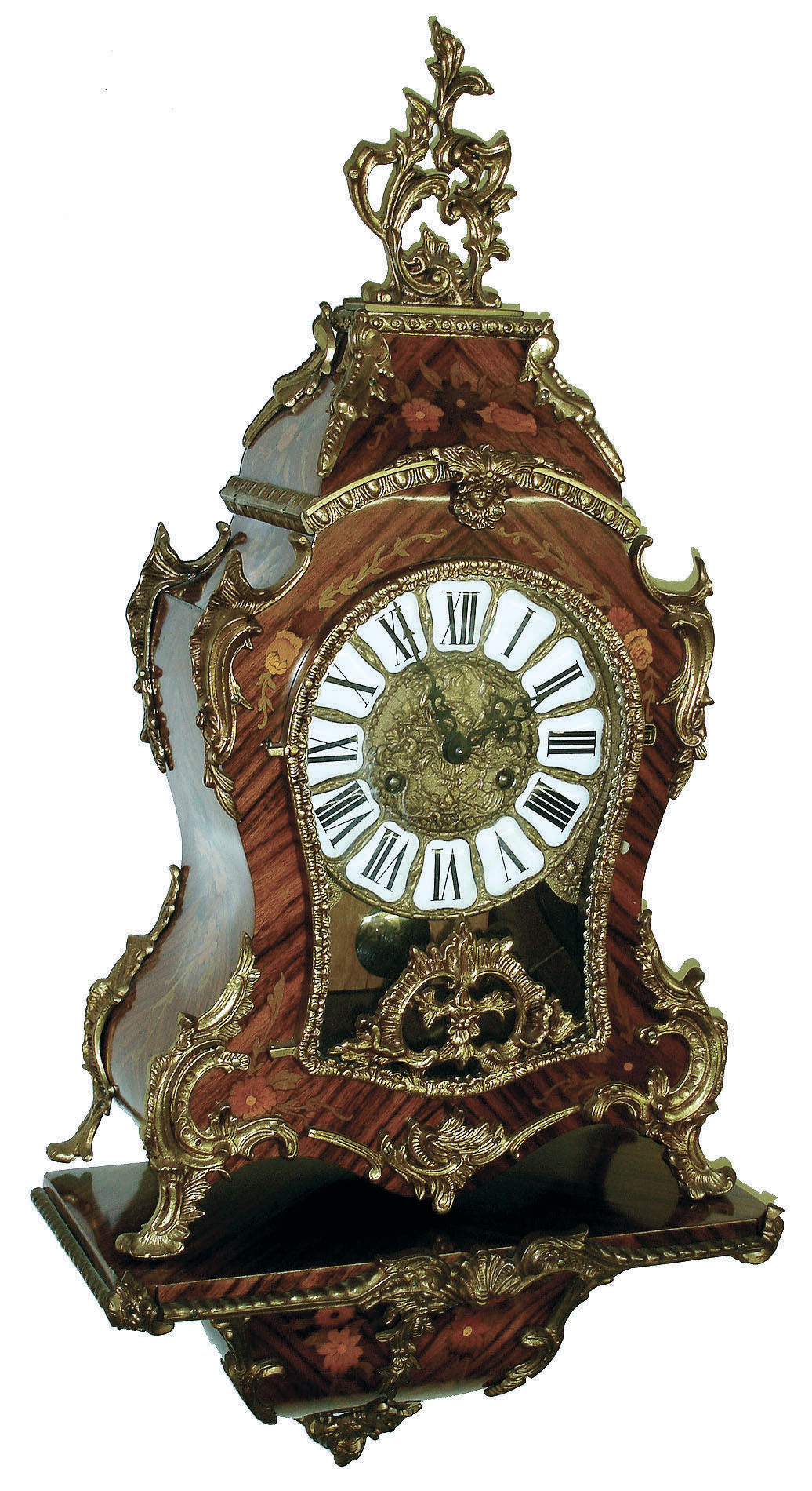 Clocks- 2 (Two): Lauris ornate inlaid-wood reproduction Louis XIV bracket clock with matching wall bracket, German 151-070 two-bell movement made in 1982 — Antique Clocks Price Guide
