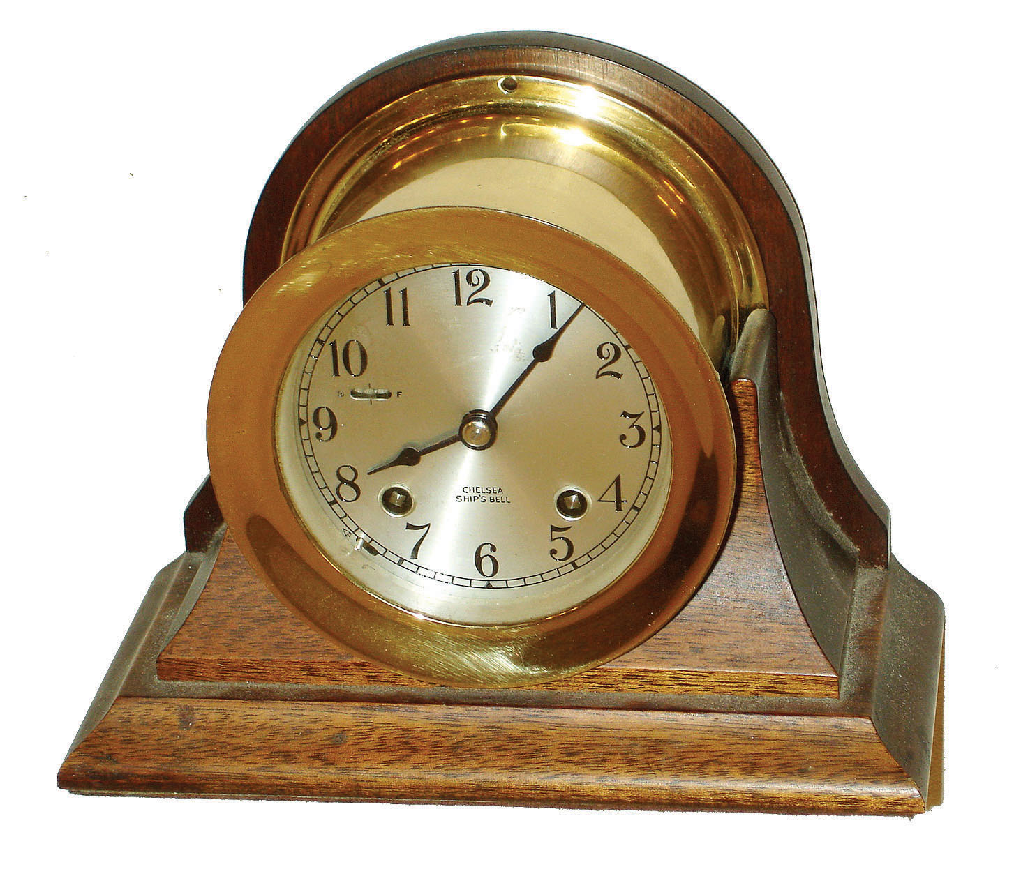 Chelsea Clock Co., Boston, 4" dial 8 day ship's bell marine clock, hinged bezel, in mahogany cradle, #791769, c1975 — Antique Clocks Price Guide