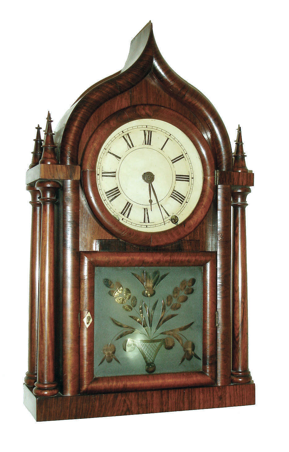 Brewster &amp; Ingrahams, Bristol, Conn., 8 days, time and strike, 4-column OG gothic or Onion Top shelf clock, c1850. — Antique Clocks Price Guide