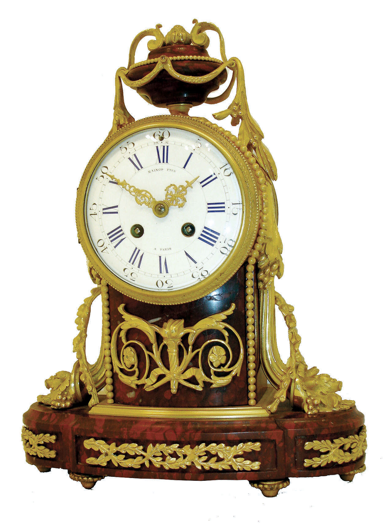 Raingo Fres., a Paris, mantel clock, griotte marble case with gilt bronze mounts, the oblong base with inset panels containing gilt foliate ornament, case front with Adamesque vines and torch, the top with urn and laurel swags, and sides with gilt cornucopia spilling their bounty onto the base, all resting on toupie feet, Roman numeral white enamel dial with Arabic outer 5 minute markers, signed "Raingo. Fres. a Paris", gilt Louis XV style hands, 8 days, time and strike, pendule a Paris movement, marked Raingo a Paris, c1870 — Antique Clocks Price Guide
