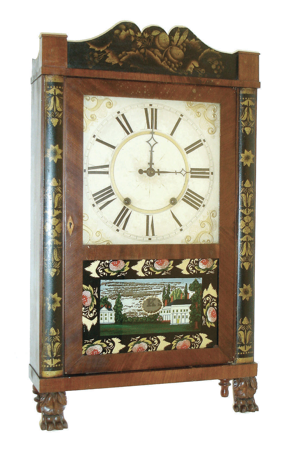 Rily Whiting, Winchester, Conn., 30 hours, time and strike,, weight driven wood movement stenciled column &amp; splat shelf clock with carved paw feet, c1830 — Antique Clocks Price Guide
