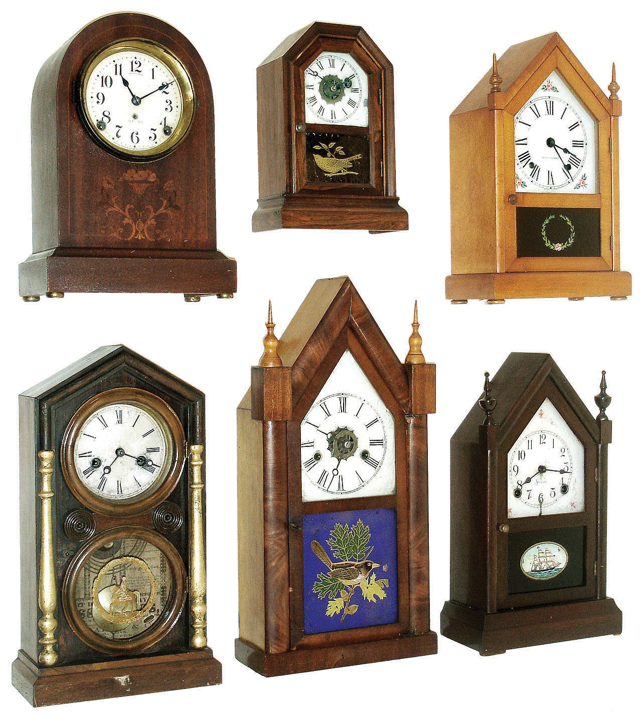 Clocks- 6 (Six) Connecticut shelf: (1) Atkins Clock Co., Bristol, Conn., "Octagon Top" cottage clock with 30 hour time &amp; alarm, c1860  (2) E. Ingraham &amp; Co., Bristol, Conn., "Doric Extra" 30 hours, time and strike,, spring driven movement in a rosewood veneer case with paper dial, c1870; (3) Seth Thomas Clock Co., Thomaston, Conn., "Prospect No. 2" mantel clock with 8 day time, hour/half hour strike, c1913 (4) E. N. Welch Mfg. Co., Forestville, Conn steeple clock with 30 hour time, strike &amp; alarm, c1870  (5) Sessions Clock Co., Forestville, Conn., "Copley" shelf clock with 8 days, time and strike, c1923. (6) Seth Thomas Clock Co., Thomaston, Conn., "Sharon" steeple with 8 day time, hour/half-hour strike, c1924 — Antique Clocks Price Guide