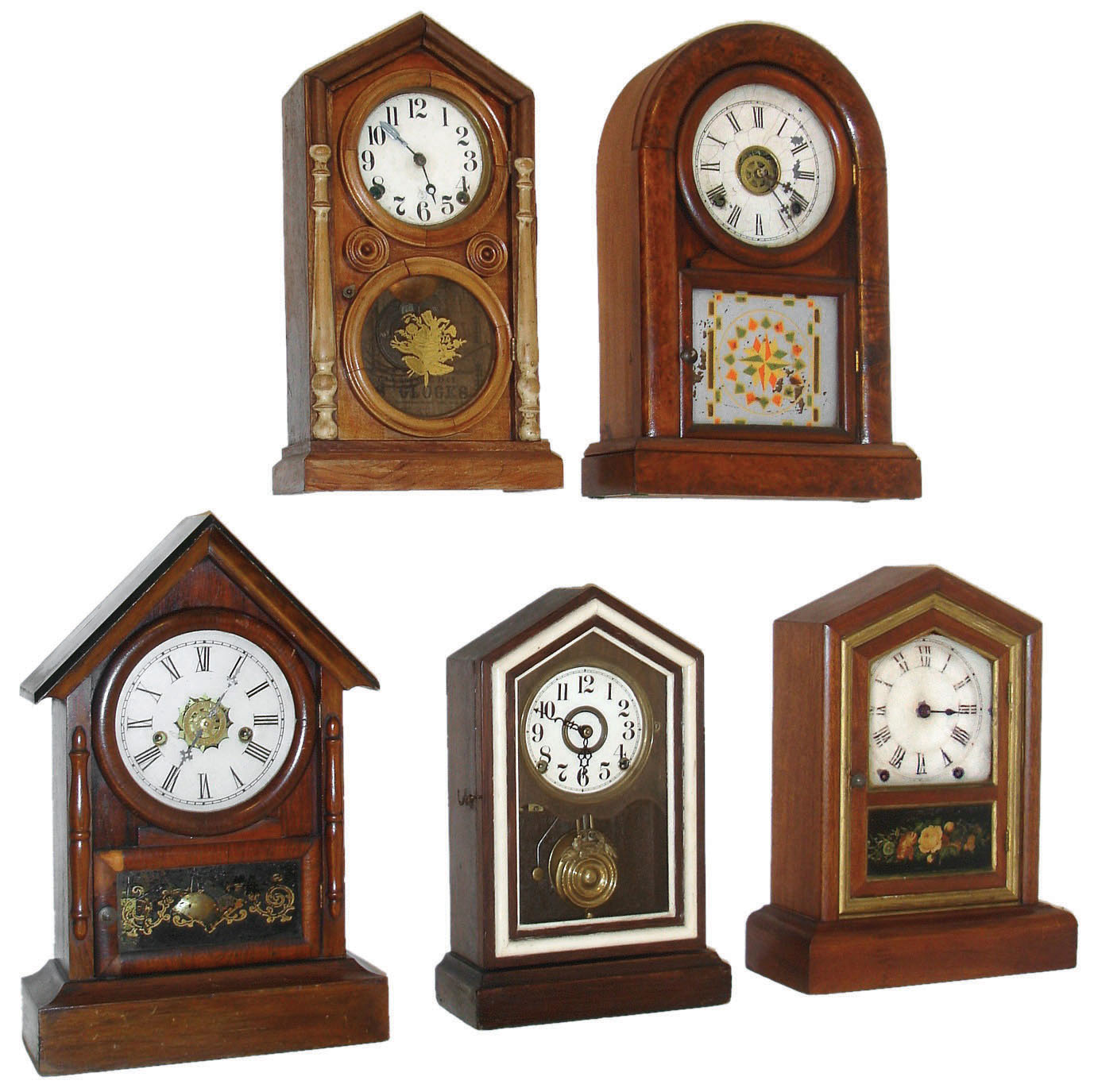 Clocks- 5 (Five): (1) Seth Thomas Clock Co., Thomaston, 8 days, time and strike,. (2) E. Ingraham &amp; Co., "Doric", 8 days, time and strike,, c1880. (3) Waterbury Clock Co., Waterbury "Dexter" 30 hours, time, strike &amp; alarm, c1875. (4) Ansonia Brass &amp; Copper Co., 8 days, time and strike, round top, c1875. (5) E. Ingraham &amp; Co., Bristol, "Pony" (no label) 8 days, time, strike &amp; alarm, c1880. — Antique Clocks Price Guide