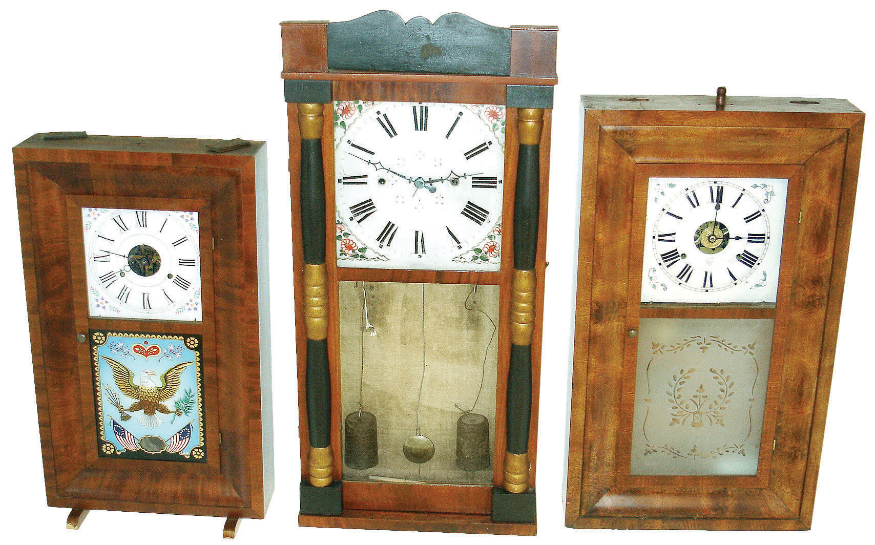 Clocks- 3 (Three): (1) Seth Thomas, Plymouth Hollow, Conn., 30 hours, time and strike, OG, c1860. (2) Seth Thomas, Thomaston, Conn., 8 days, time, strike &amp; alarm OG, c1870. (3) No label [probably Pratt &amp; Frost or Daniel Frost, Mass,] 30 hours, time and strike, "groaner" weight driven wood movement half column &amp; splat, c1840. — Antique Clocks Price Guide