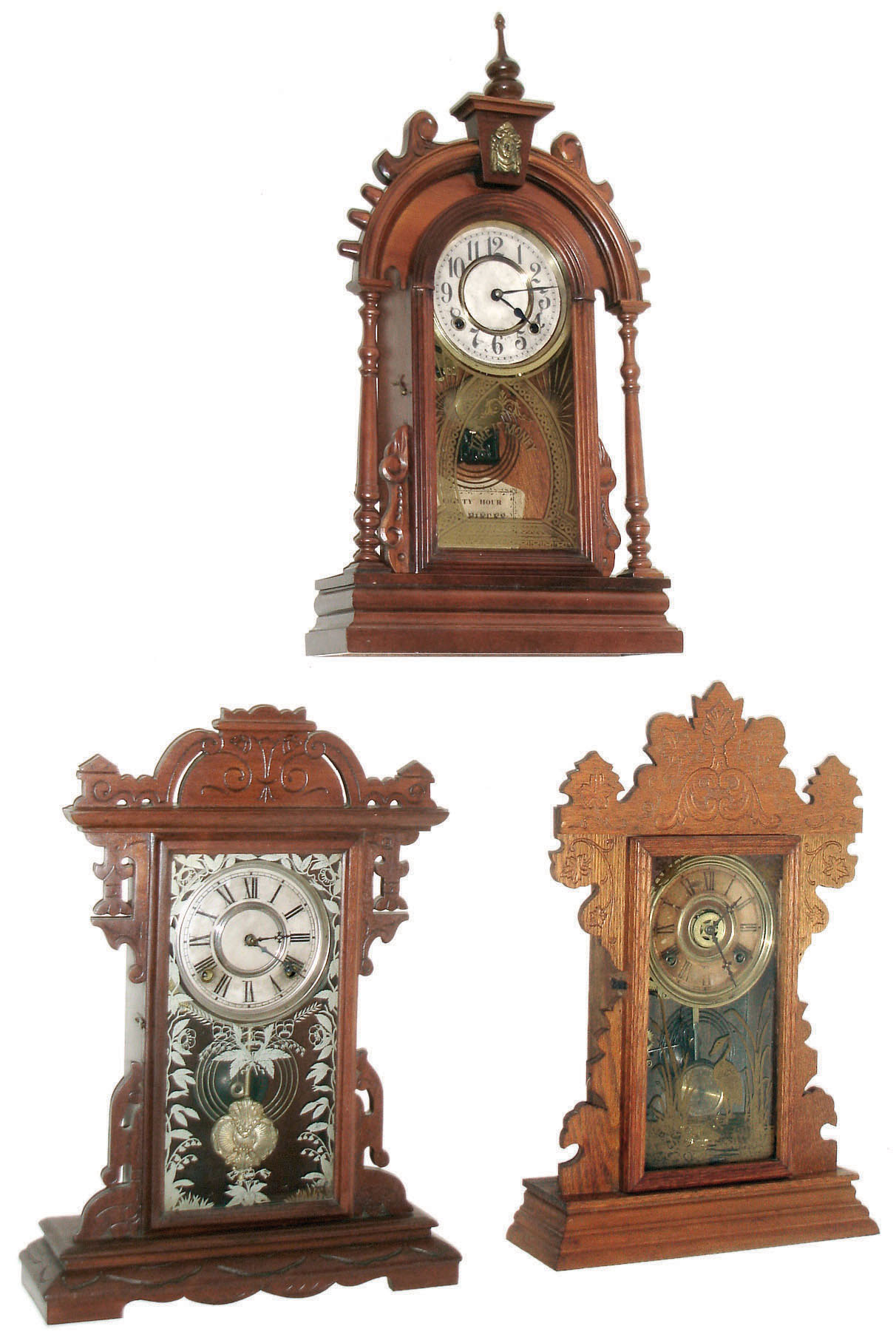 Clocks- 3 (Three): (1) E. N. Welch Mfg. Co., Forestville, "No. 5", 8 day time, strike &amp; alarm, c1890. (2) New Haven Clock Co., New Haven, 8 days, time and strike,, c1880. (3) E. N. Welch Mfg. Co., Forestville, "Nanon", 8 days, time and strike,, c1885. — Antique Clocks Price Guide