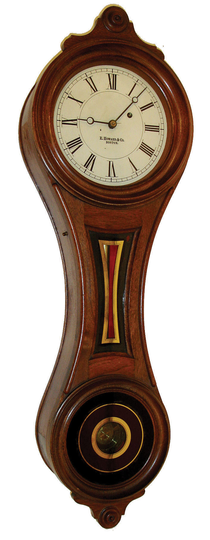 E. Howard &amp; Co., Boston, Mass., "No. 10 Regulator" figure eight wall clock, 8 days, time only, weight driven movement in a walnut case with painted metal dial and reverse painted tablets, c1900 — Antique Clocks Price Guide