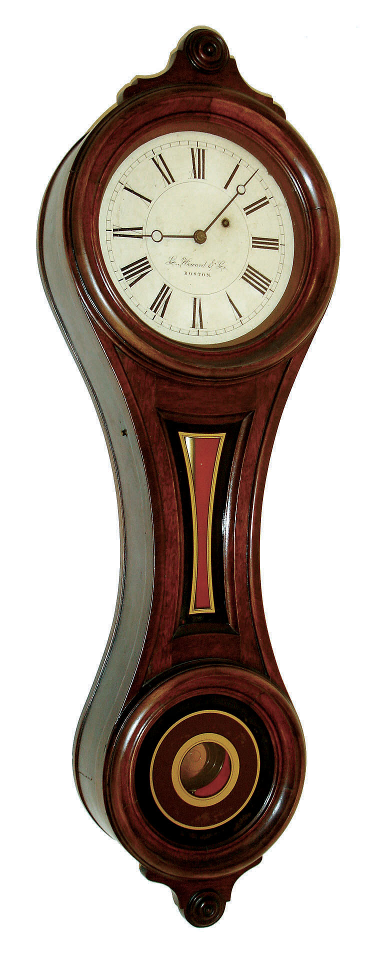 E. Howard &amp; Co., Boston, Mass., "No. 9 Regulator" figure eight wall clock, 8 days, time only, weight driven movement in a walnut case with painted iron dial and reverse painted tablets, c1900 — Antique Clocks Price Guide