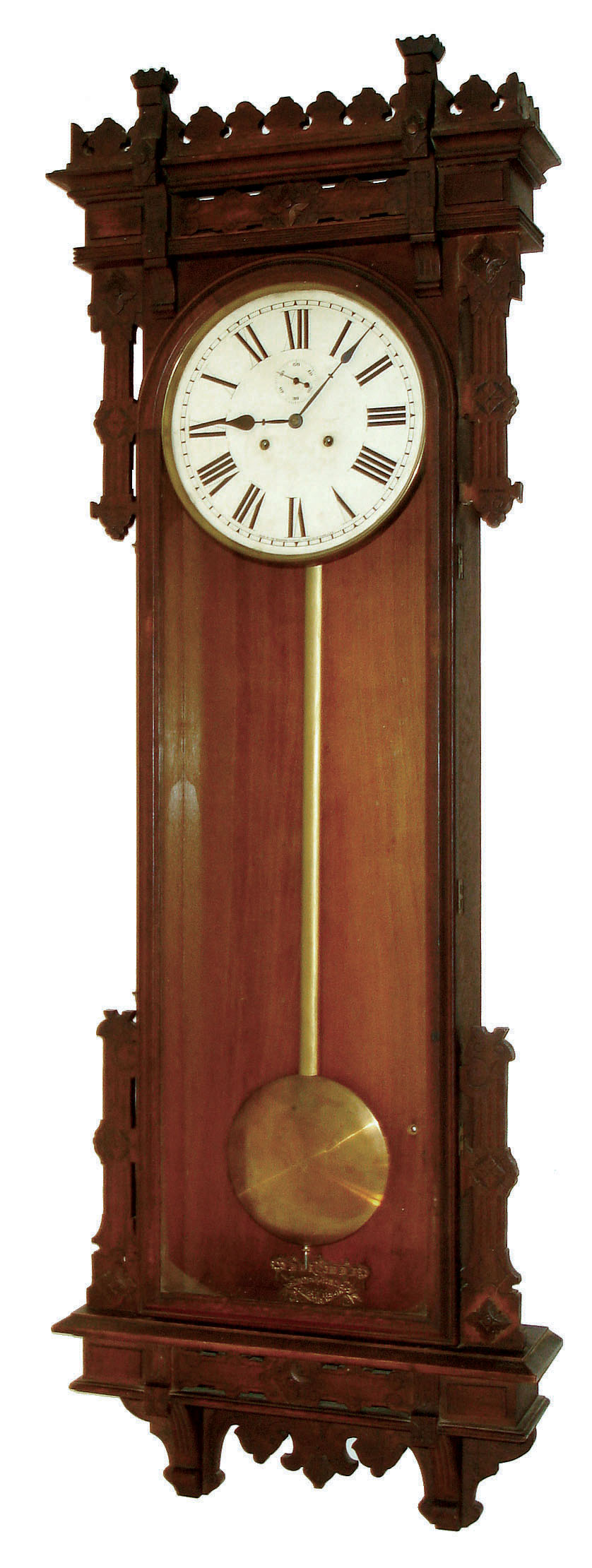 E.N. Welch Mfg. Co., Forestville, Conn., "Regulator No. 12" wall clock sold by the Sessions Clock Co. after their acquisition of Welch in 1902, 30 day, time only, double spring movement in oak case, c1902 — Antique Clocks Price Guide