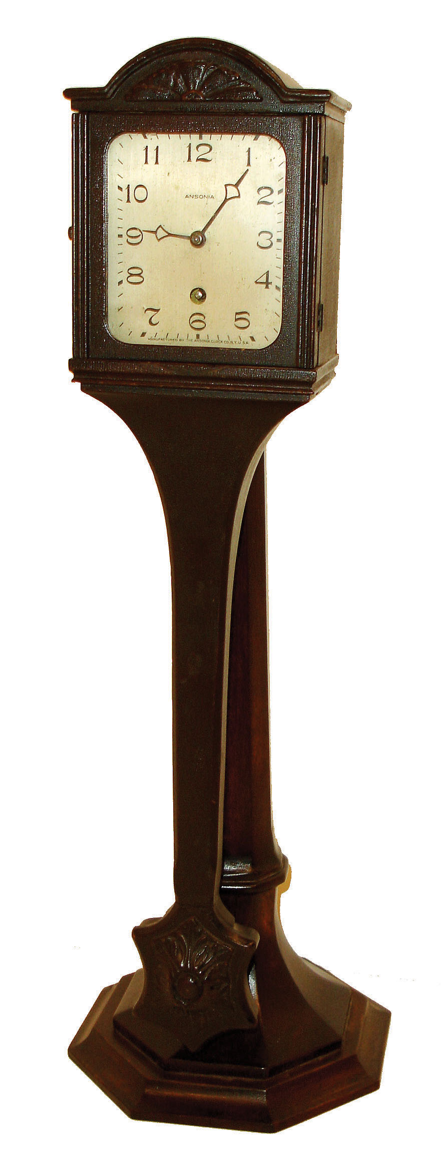 Ansonia Clock Co., New York, NY, "Mahogany Swing No. 2" pedestal swing clock, 8 day time only, spring driven, c1923 — Antique Clocks Price Guide