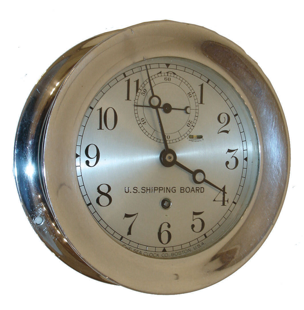 Chelsea Clock Co., Chelsea, Mass. 6" Pilot House clock, nickel plated cast brass case with screw bezel, Arabic numeral silvered dial with large seconds at 12:00 and marked "U.S. Shipping Board", moon style hands, serial #127984, c1920 — Antique Clocks Price Guide