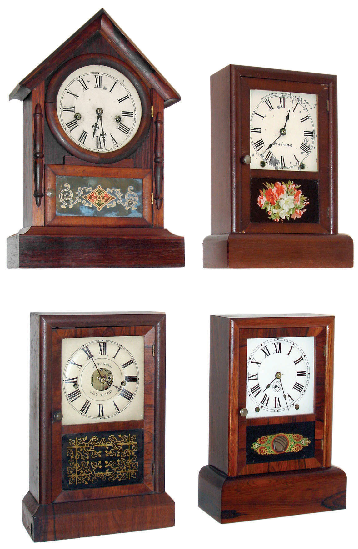 Clocks- 4 (Four): 30 hours, Seth Thomas, Plymouth Hollow "Cottage" model, c1865, two 8 days,Seth Thomas, Thomaston, cottage clocks, c1880 and one 30 hours, Waterbury Clock Co. "Dexter", c1875. — Antique Clocks Price Guide