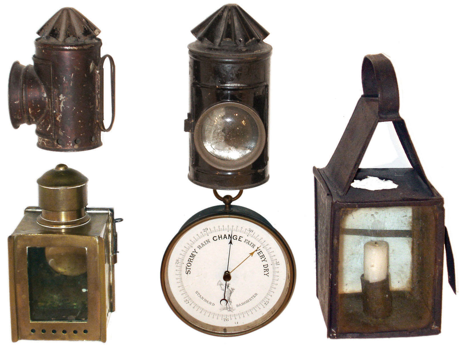 Lanterns and barometer: 4 (Four) antique lanterns in brass and steel, two with colored lenses; and aneroid barometer in brass case — Antique Clocks Price Guide