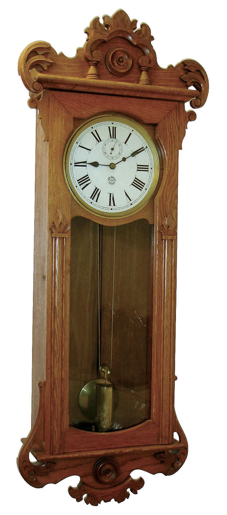 New Haven Clock Co., New Haven, Conn., "Grecian", 8 days, weight brass movement oak wall regulator, c1900 — Antique Clocks Price Guide