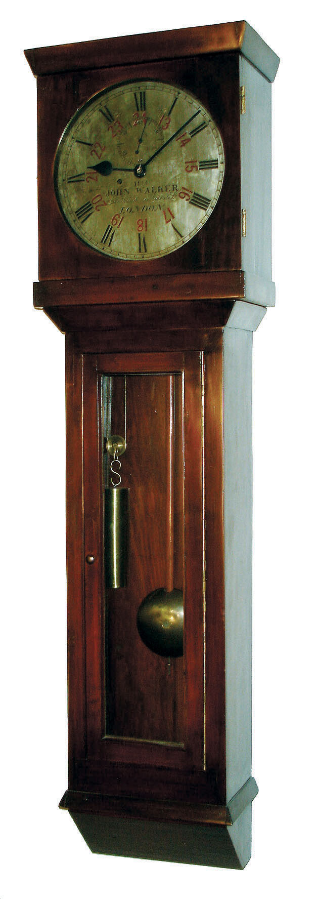 John Walker, Cornhill &amp; 230 Regent St, London, England, tavern wall clock, 8 day time only, weight driven robust movement in a mahogany veneer case with glazed door and silvered metal dial, c1790 — Antique Clocks Price Guide