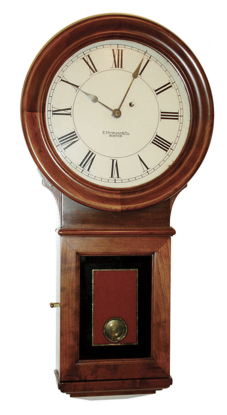 E. Howard &amp; Co., Boston, Mass., "No. 70 Regulator" wall clock, 8 days, time only, weight driven movement in a cherry case with painted metal dial and reverse painted tablet, c1910 — Antique Clocks Price Guide