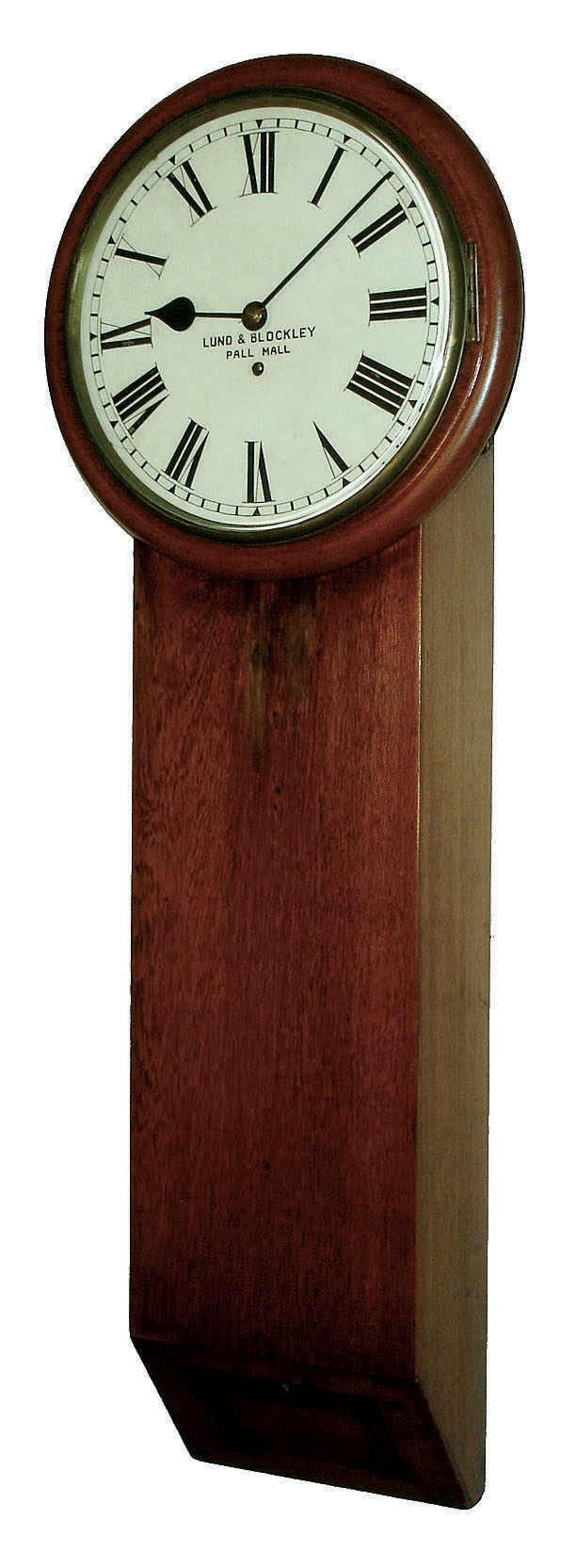 Lund &amp; Blockley, Pall Mall, [London] England, long case tavern wall clock, 8 day time only, robust weight driven movement with heavy cast iron mounting bracket in a mahogany case with painted metal dial, c1870 — Antique Clocks Price Guide