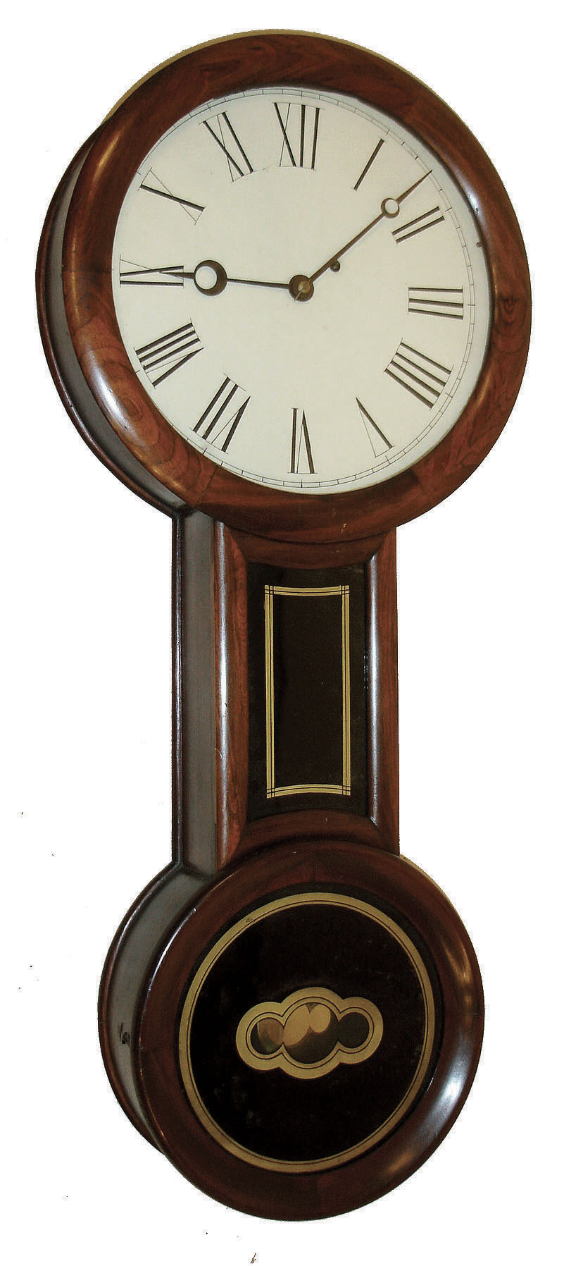 "Baltimore" banjo attributed to Williams &amp; Hatch, North Attleboro, Mass., 8 days, time only, weight driven movement in a rosewood grained case with reverse painted tablets and painted metal dial, c1867 — Antique Clocks Price Guide