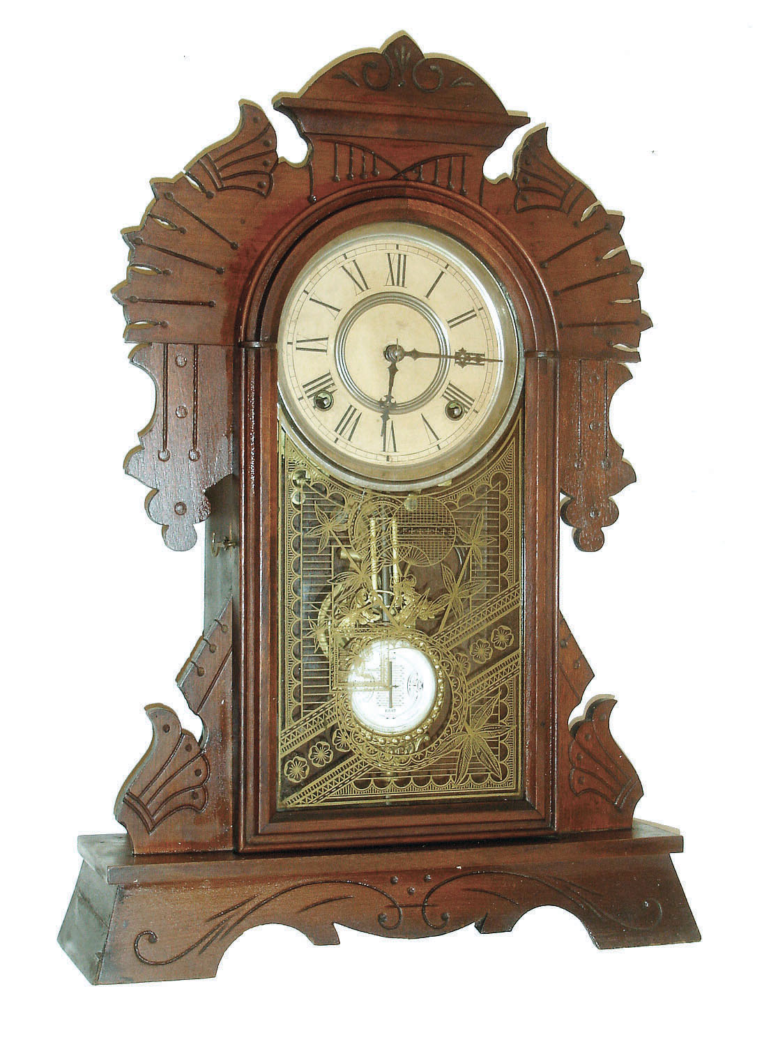 F. Kroeber Clock Co., New York, "Garnet", 8 days, time and strike, walnut mantel clock, c1888 — Antique Clocks Price Guide