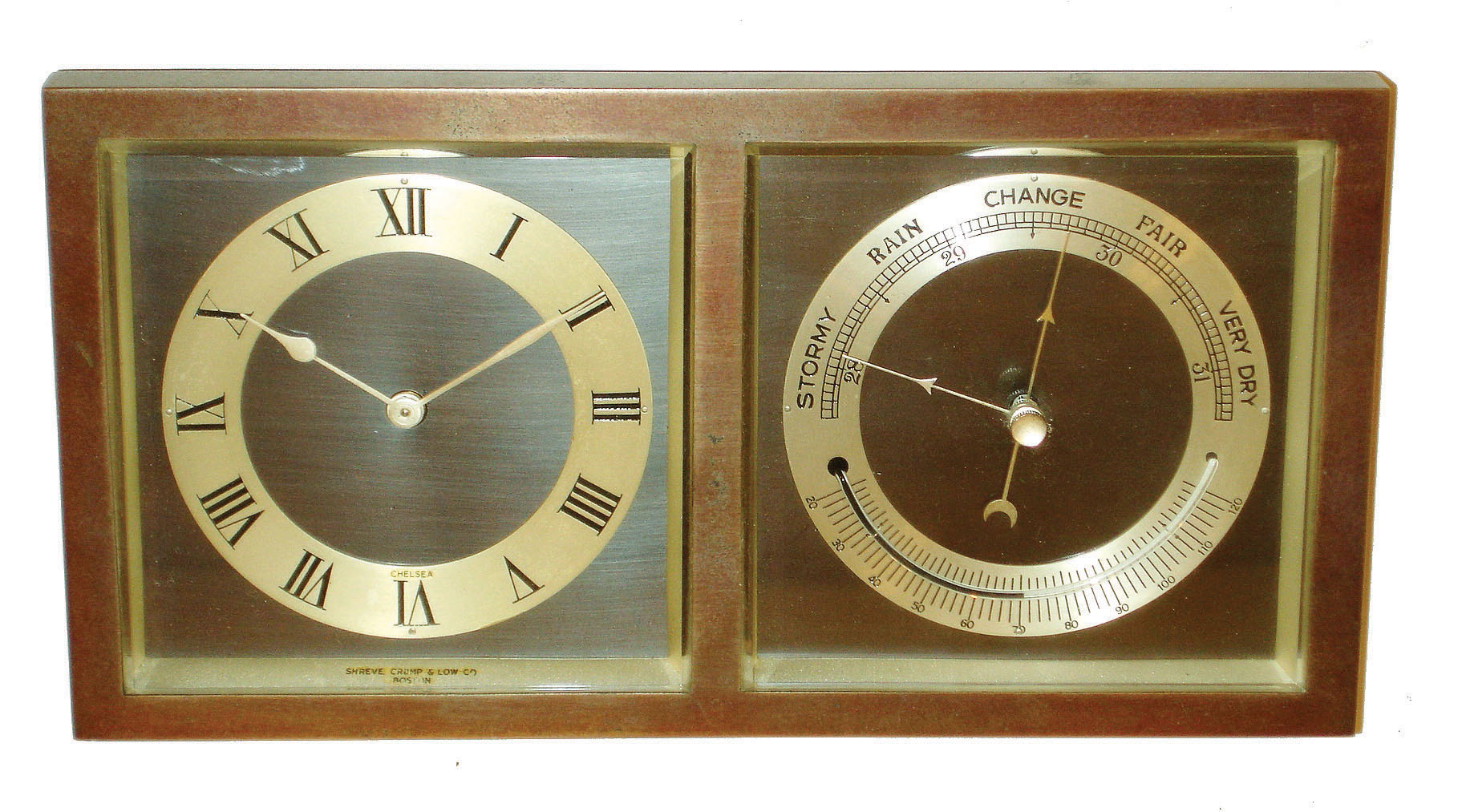 Chelsea Clock Co., Boston, for Shreve, Crump &amp; Low, "Erickson" 8 day bronze clock and barometer pair, #564668, c1951 — Antique Clocks Price Guide