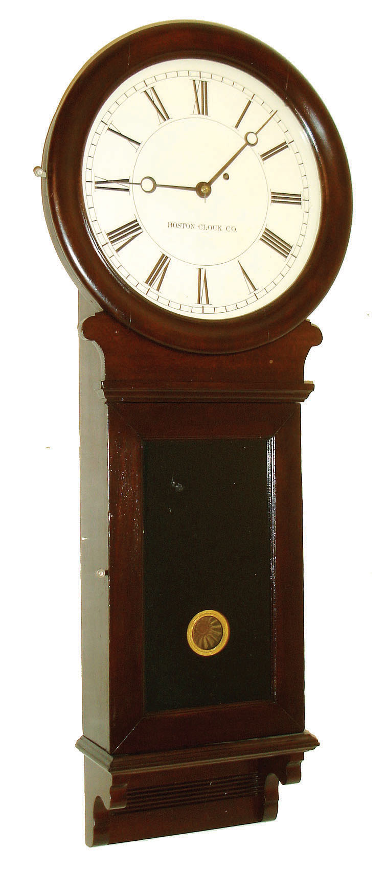 Boston Clock Co., Boston, Mass., "Pendulum No. 1" wall clock, 8 day time only, weight driven movement in a mahogany case with painted metal dial and reverse painted lower tablet, c1890 — Antique Clocks Price Guide