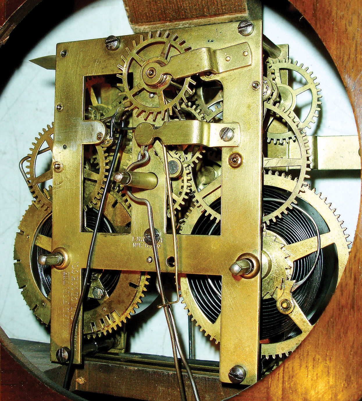 Ithaca Calendar Clock Co., Ithaca, NY, "No. 5", 8 days, time and strike spring brass movement double dial calendar clock, c1879 — Antique Clocks Price Guide