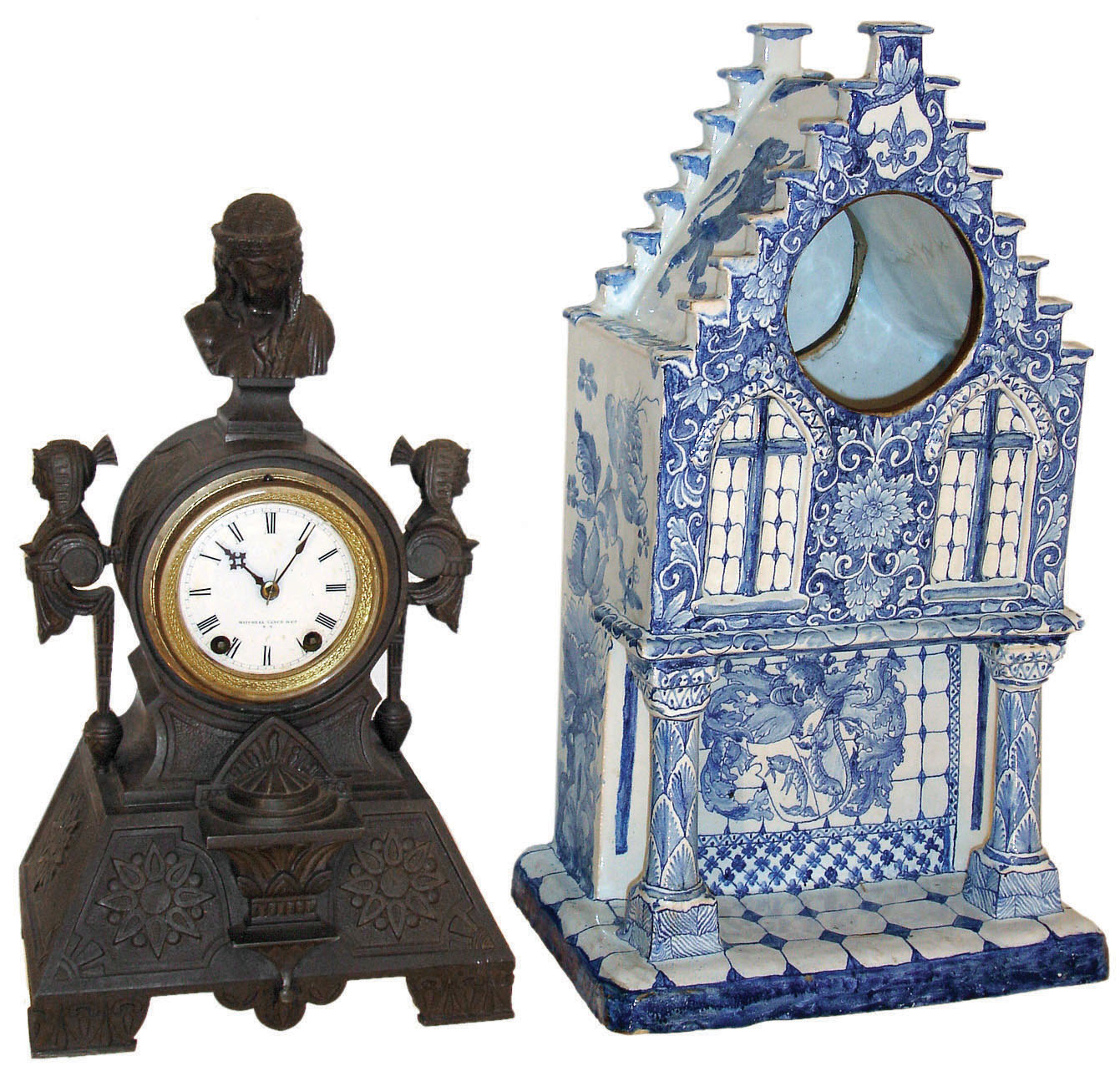 Clock and clock case- 2 (Two): Seth Thomas Sons "No. 8030" cast metal 8 days, time and strike, mantel clock, dial signed "Mitchell Vance, NY", c1874; and Delft blue and white architectural clock case — Antique Clocks Price Guide