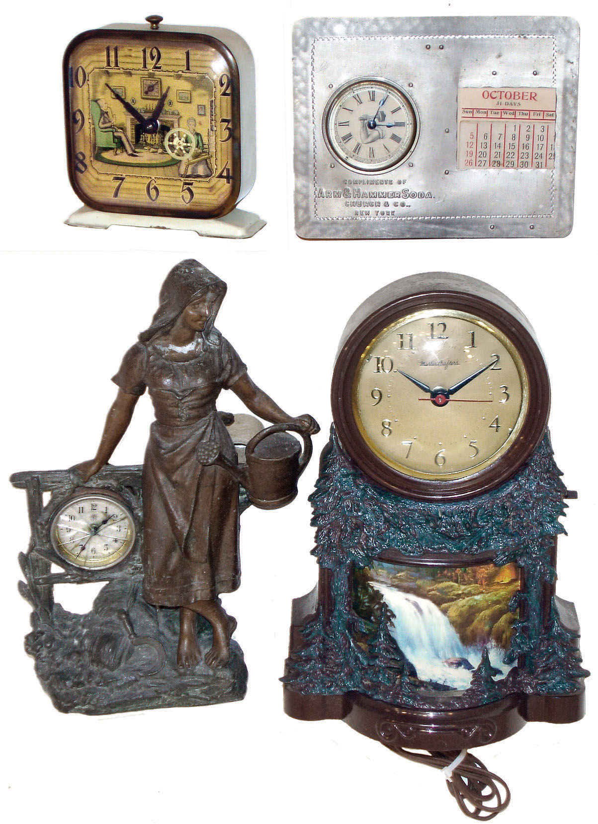 Clocks- 4 (Four): Junghans bronzed figural with 30 hours, alarm insert; Mastercrafters plug-in with waterfall; Arm &amp; Hammer advertising calendar with Ansonia 30 hours, insert; and Lux alarm clock with spinning-wheel animation; 20th century — Antique Clocks Price Guide