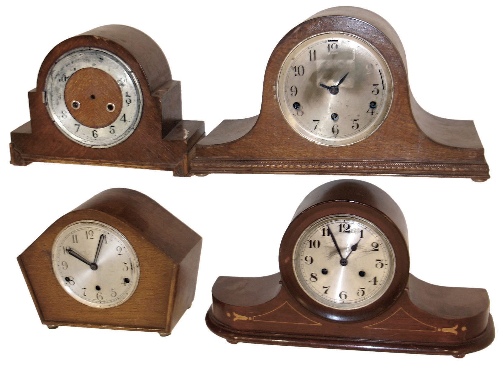 Clocks- 4 (Four) 8 day wood case mantel clocks: British Westminster-chime oak case; British time and strike oak case; German time and strike mahogany case; and German double-chime 3-train oak case, early 20th century — Antique Clocks Price Guide
