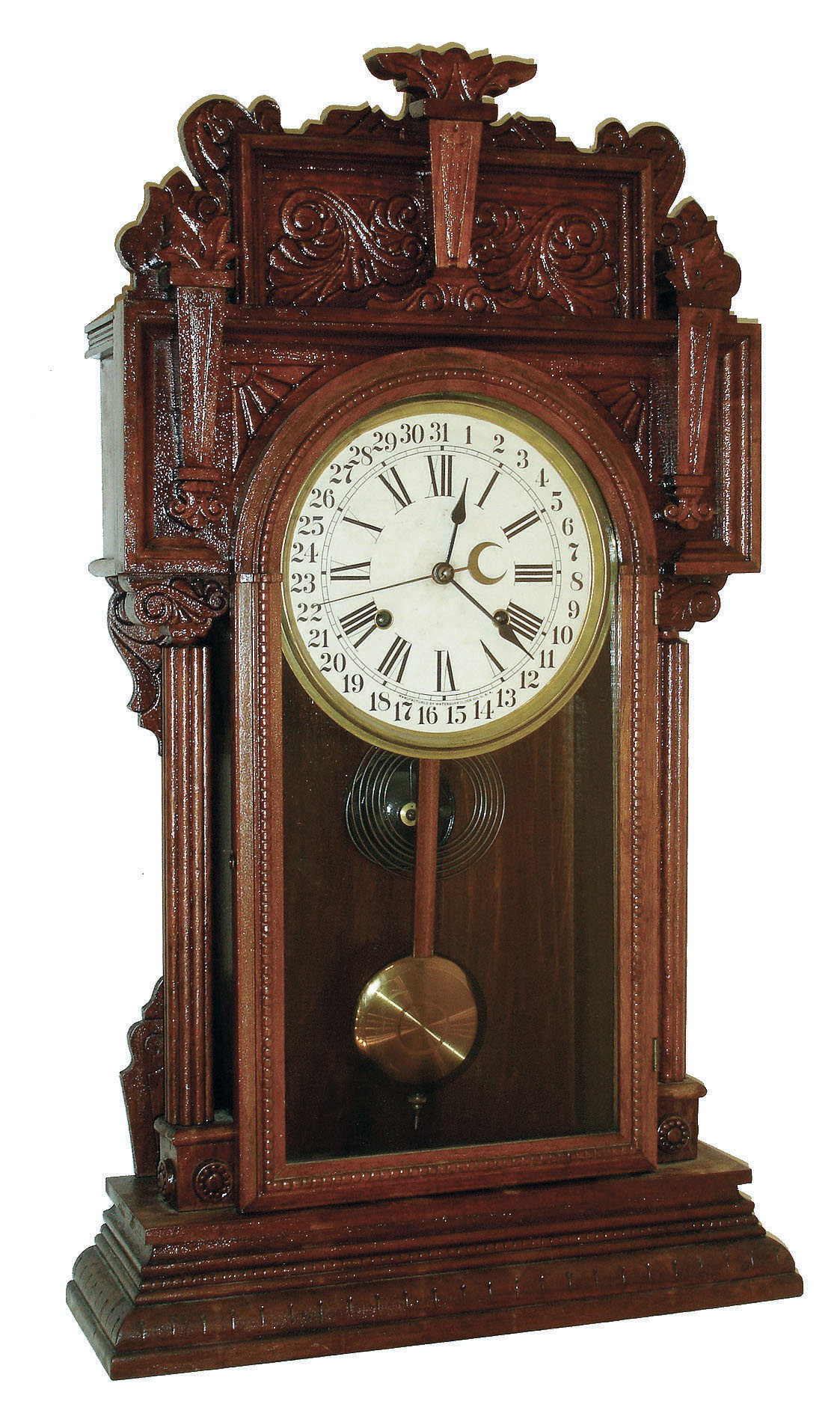 Waterbury Clock Co., Waterbury, Conn., "Niagara" 8 day time, strike &amp; calendar walnut parlor clock, c1911 — Antique Clocks Price Guide