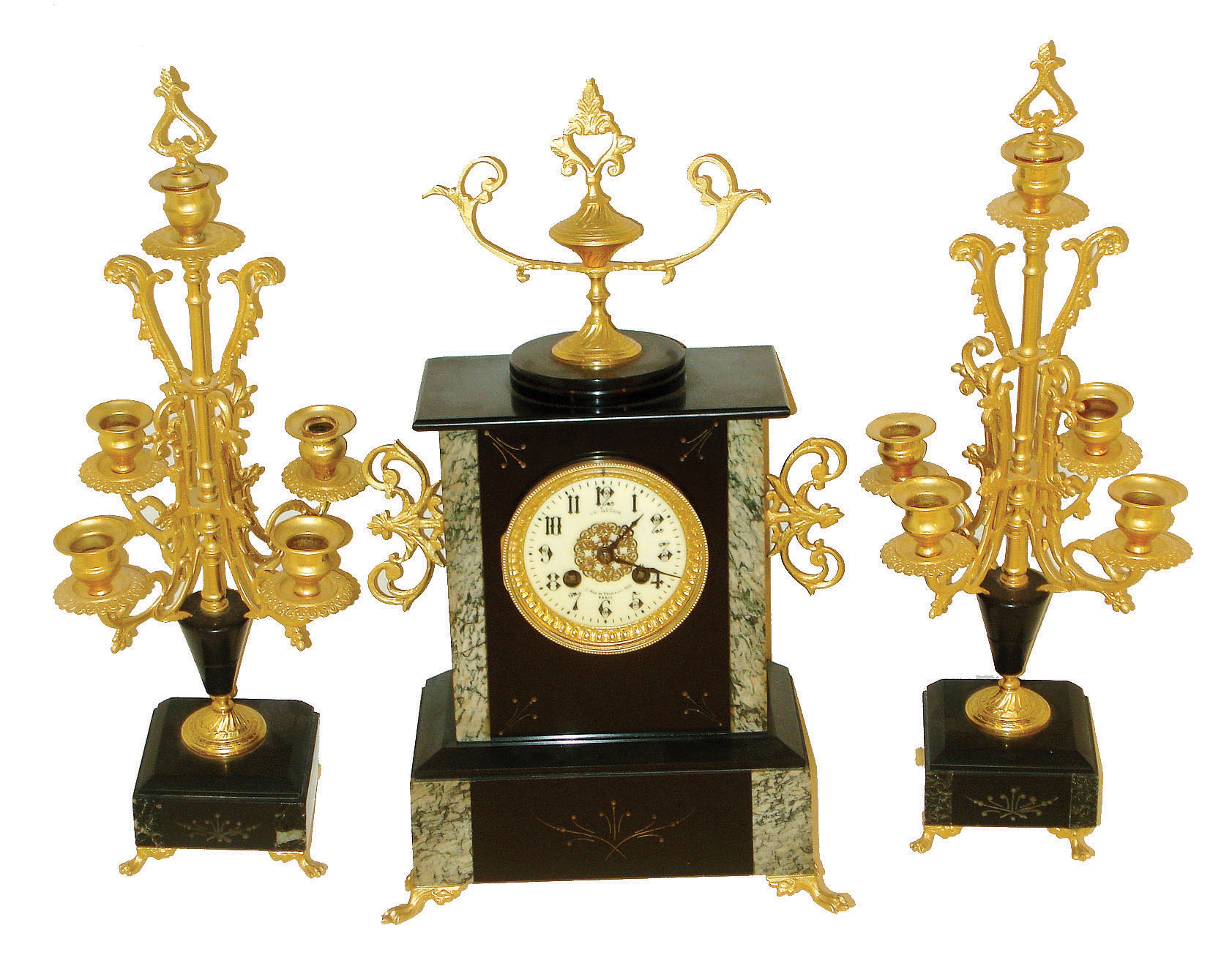 French black marble and gilt bronze 8 days, time and strike, mantel clock and pair of candelabra c1890 — Antique Clocks Price Guide
