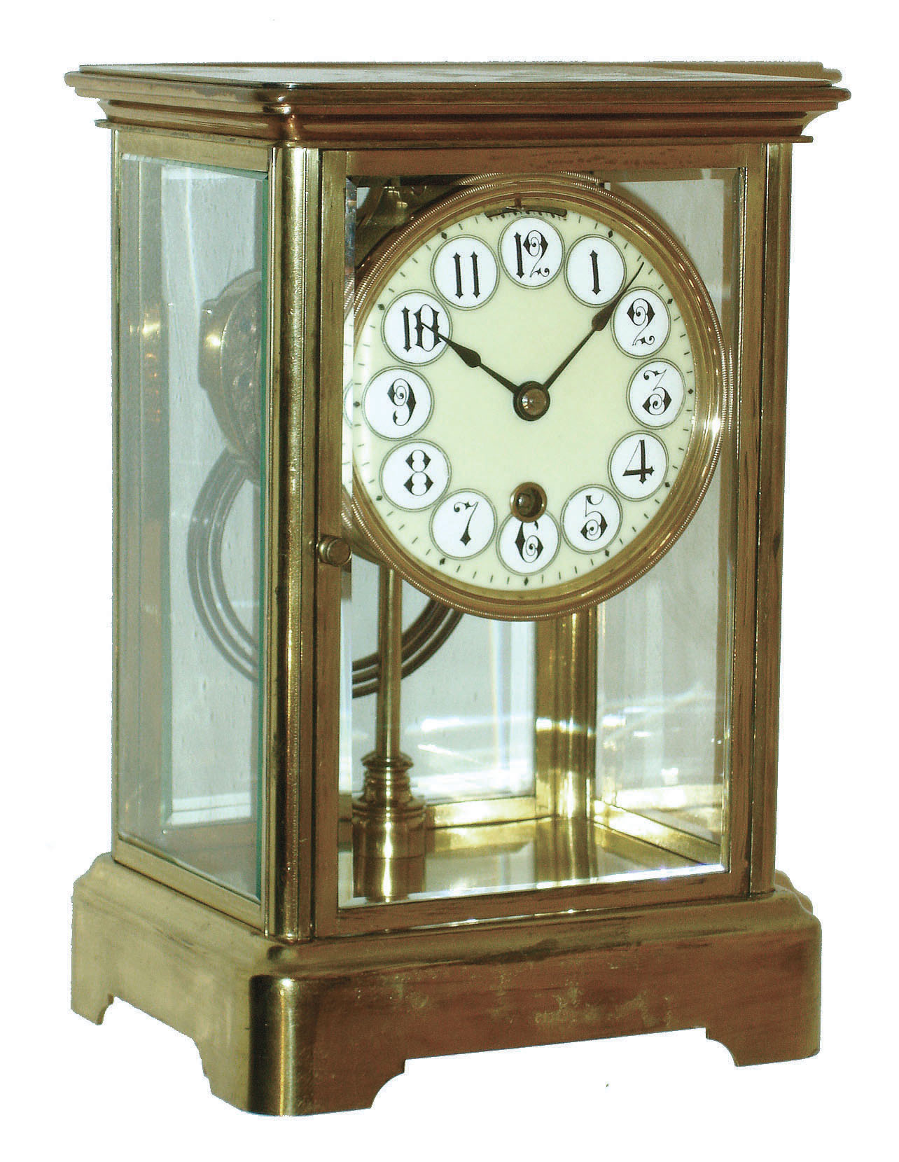 Boston Clock Co., Boston, Mass. "Crystal" brass and beveled glass 8 days, time and strike, tandem-wind crystal regulator, c1890 — Antique Clocks Price Guide