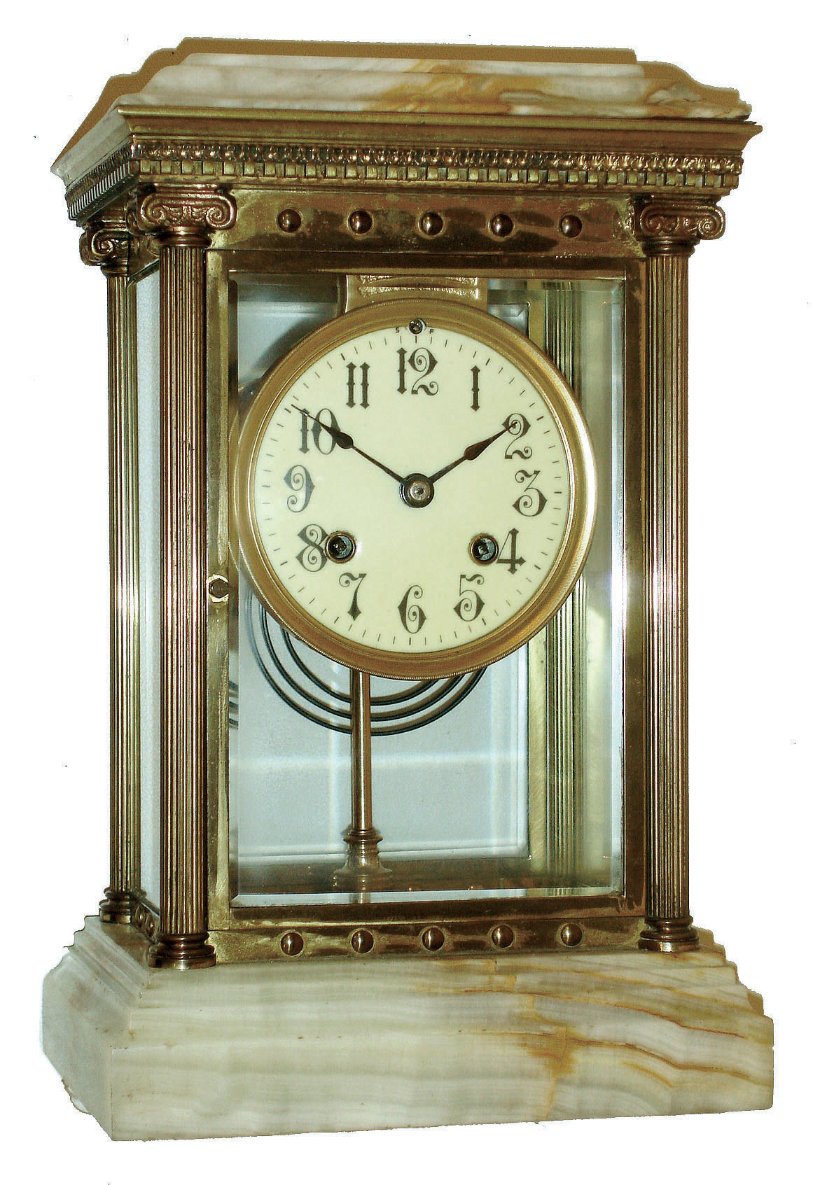 Vermont Clock Co., Fairhaven, VT, onyx, brass and beveled glass 8 days, time and strike, balance-wheel crystal regulator, c1900 — Antique Clocks Price Guide