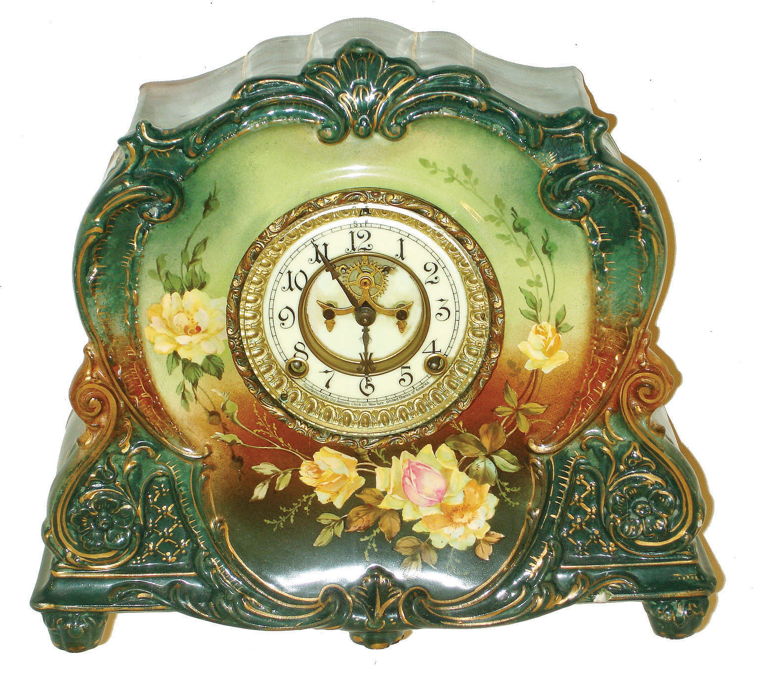 Ansonia Clock Co., New York, "La Marne" Royal Bonn green porcelain 8 days, time and strike, mantel clock, visible escapement, c1901 — Antique Clocks Price Guide