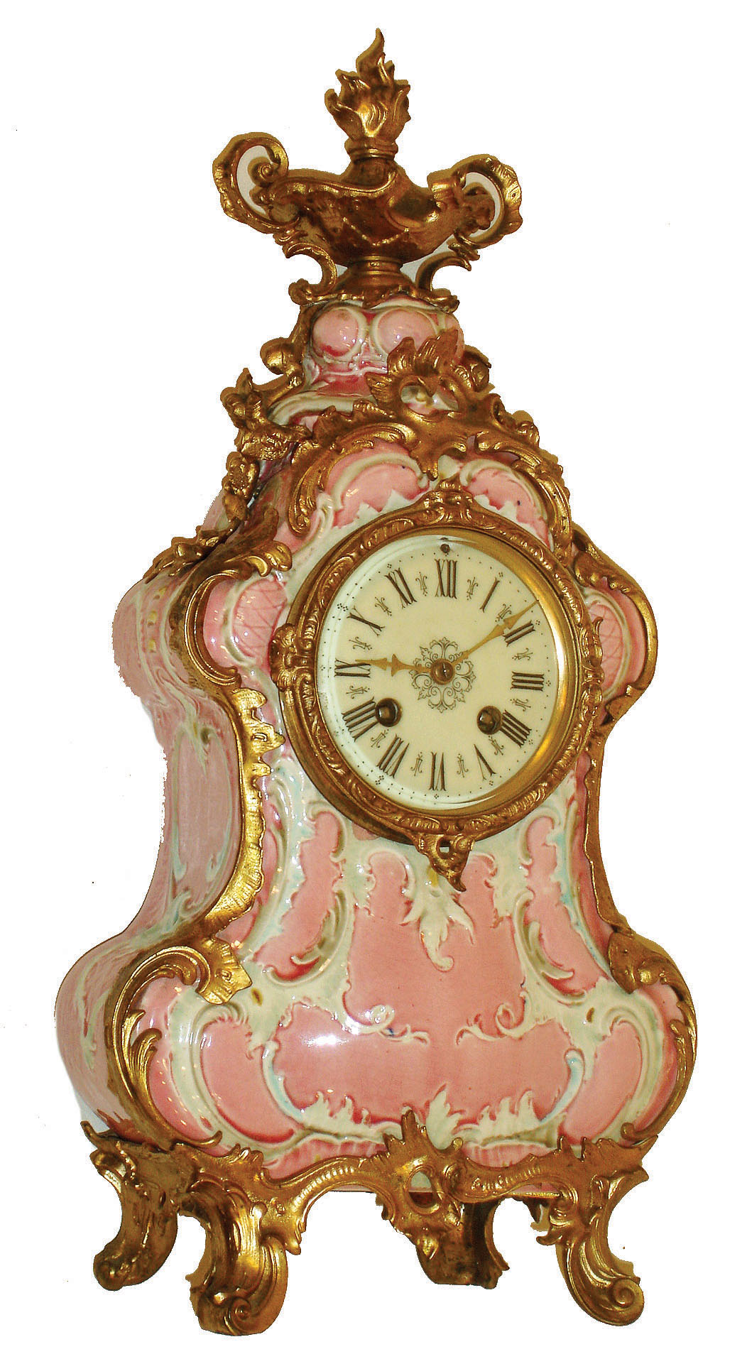 Lenzkirch, Germany, porcelain and brass 8 days, time and strike, mantel clock, c1890 — Antique Clocks Price Guide