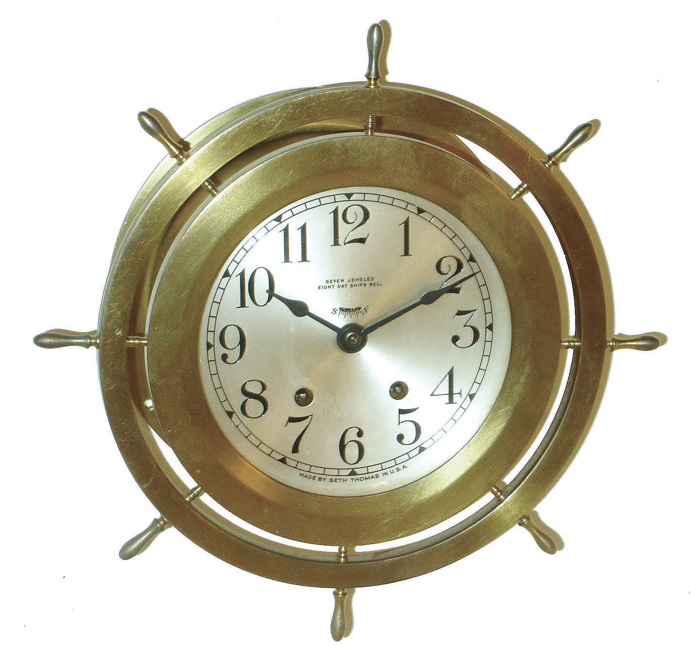 Seth Thomas Clock Co., Thomaston, Conn., "Ship's Wheel" brass 6 inch dial screw bezel ship's bells 8 day wall clock, dated 1941 — Antique Clocks Price Guide
