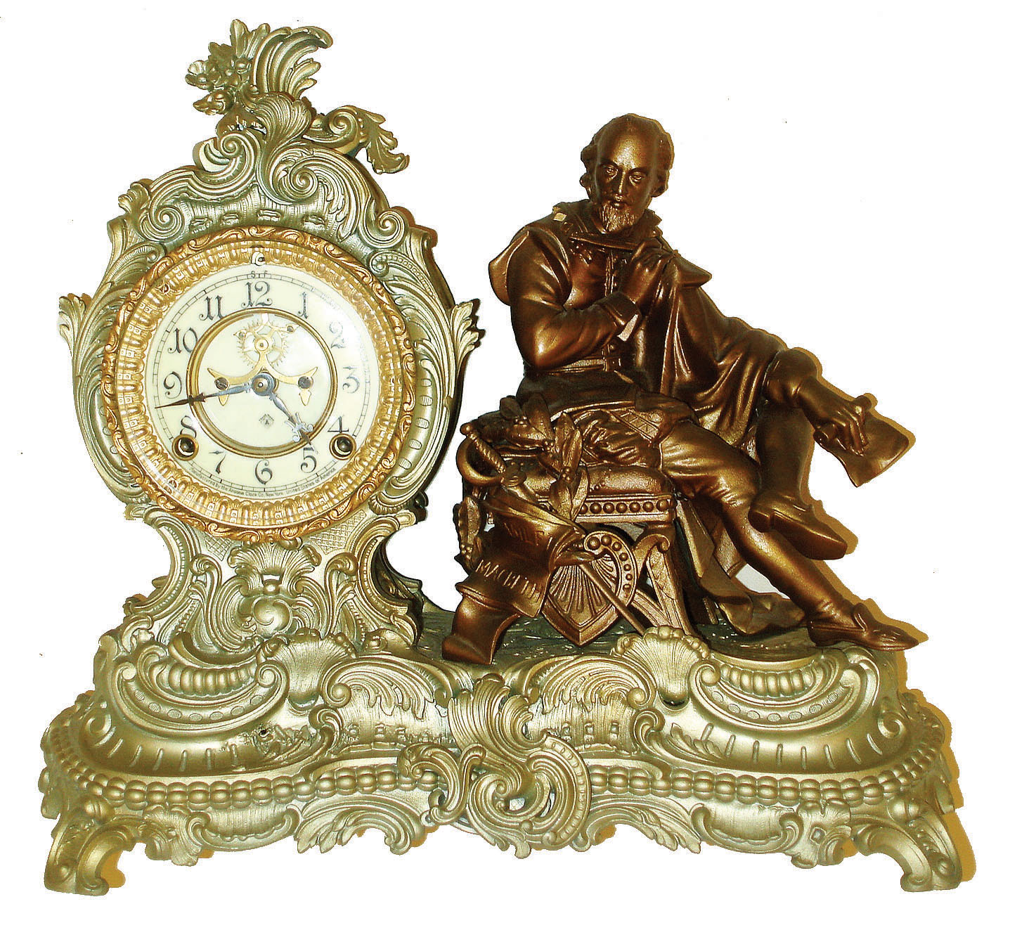 Ansonia Clock Co., New York, "MacBeth" cast metal 8 days, time and strike, figural mantel clock with visible escapement, c1904 — Antique Clocks Price Guide