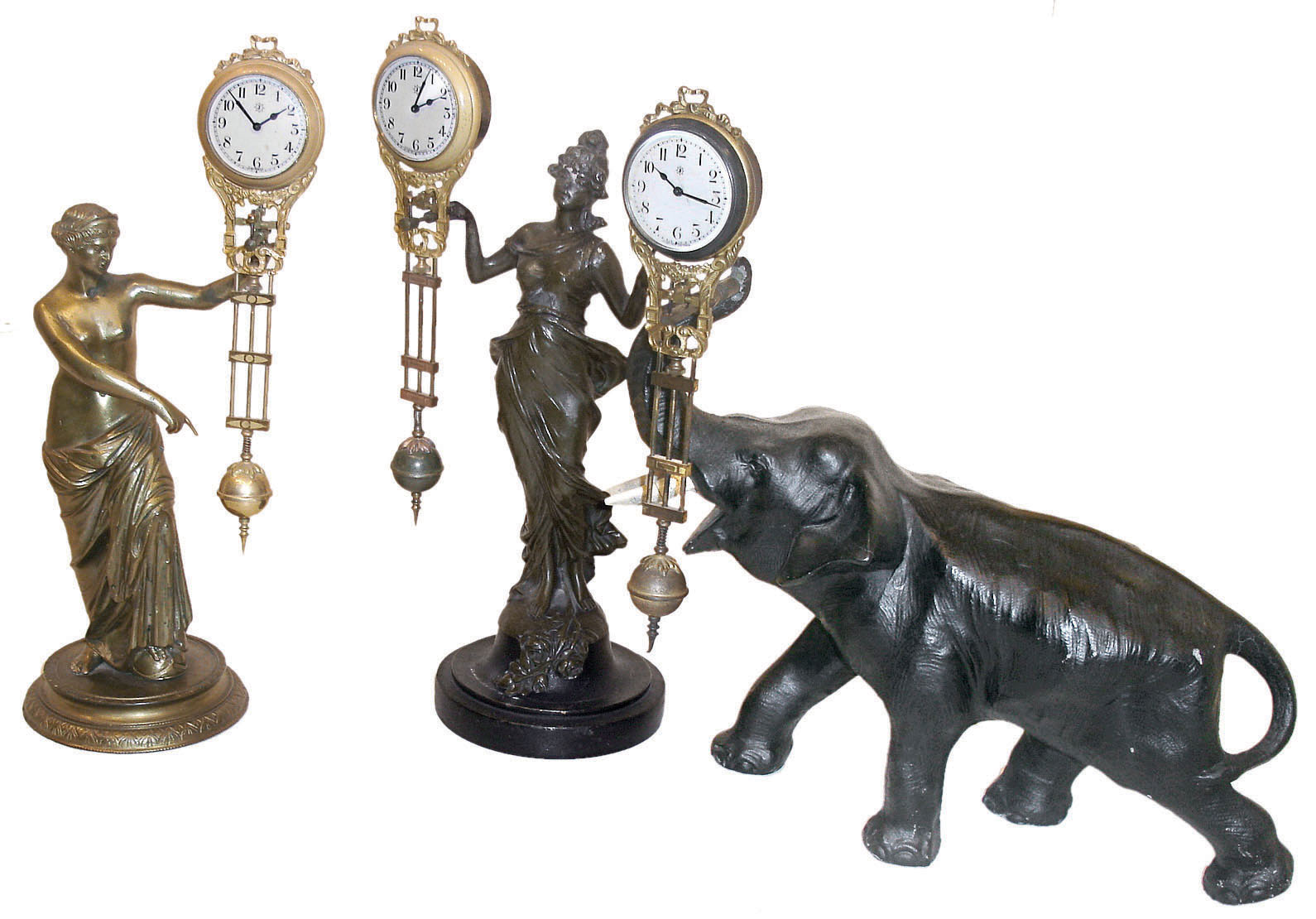 Clocks- 3 (Three) Junghans German 8 day swing arm novelty clocks: elephant, Diana, and classical standing woman, 20th century — Antique Clocks Price Guide