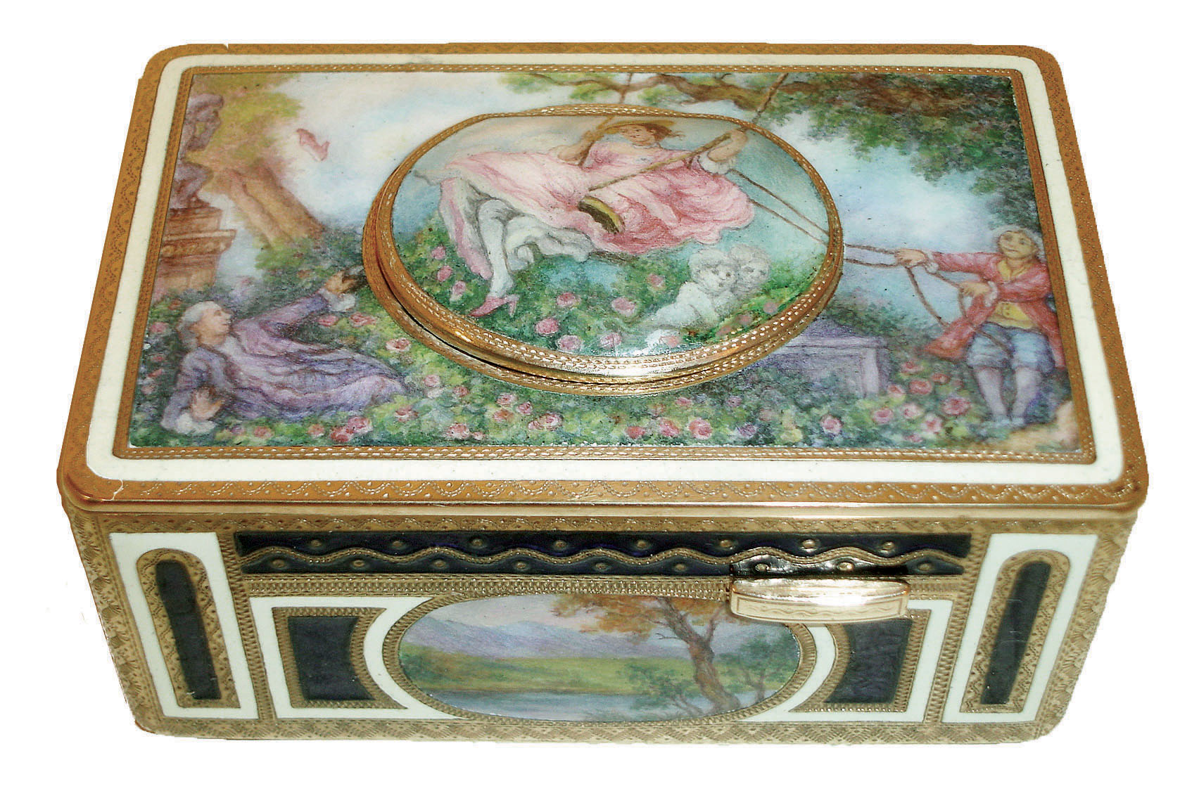 Germany, singing bird box, the box with blue and white enamel framing colorful landscape scenes, the top featuring 3 figures in antique costume, relaxing in a garden, the woman on a swing suspended from a large tree, the front with sliding button to activate the multicolored bird, 20th century — Antique Clocks Price Guide