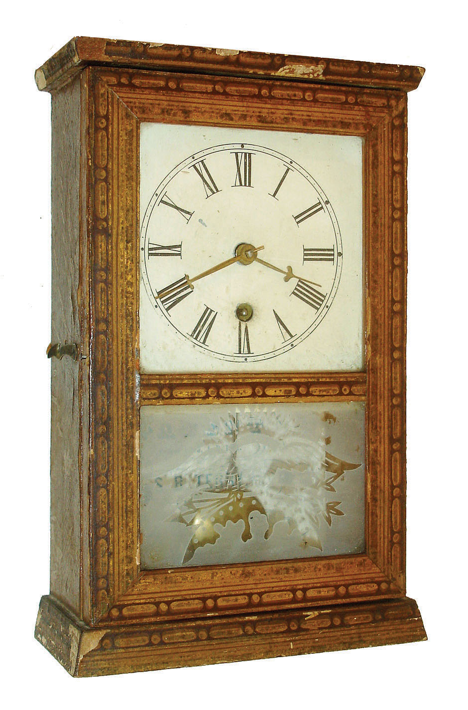 Silas B. Terry, Terryville, Conn., miniature shelf clock with 30 hour ladder time only, movement in a decorative paper covered case, c1851. — Antique Clocks Price Guide