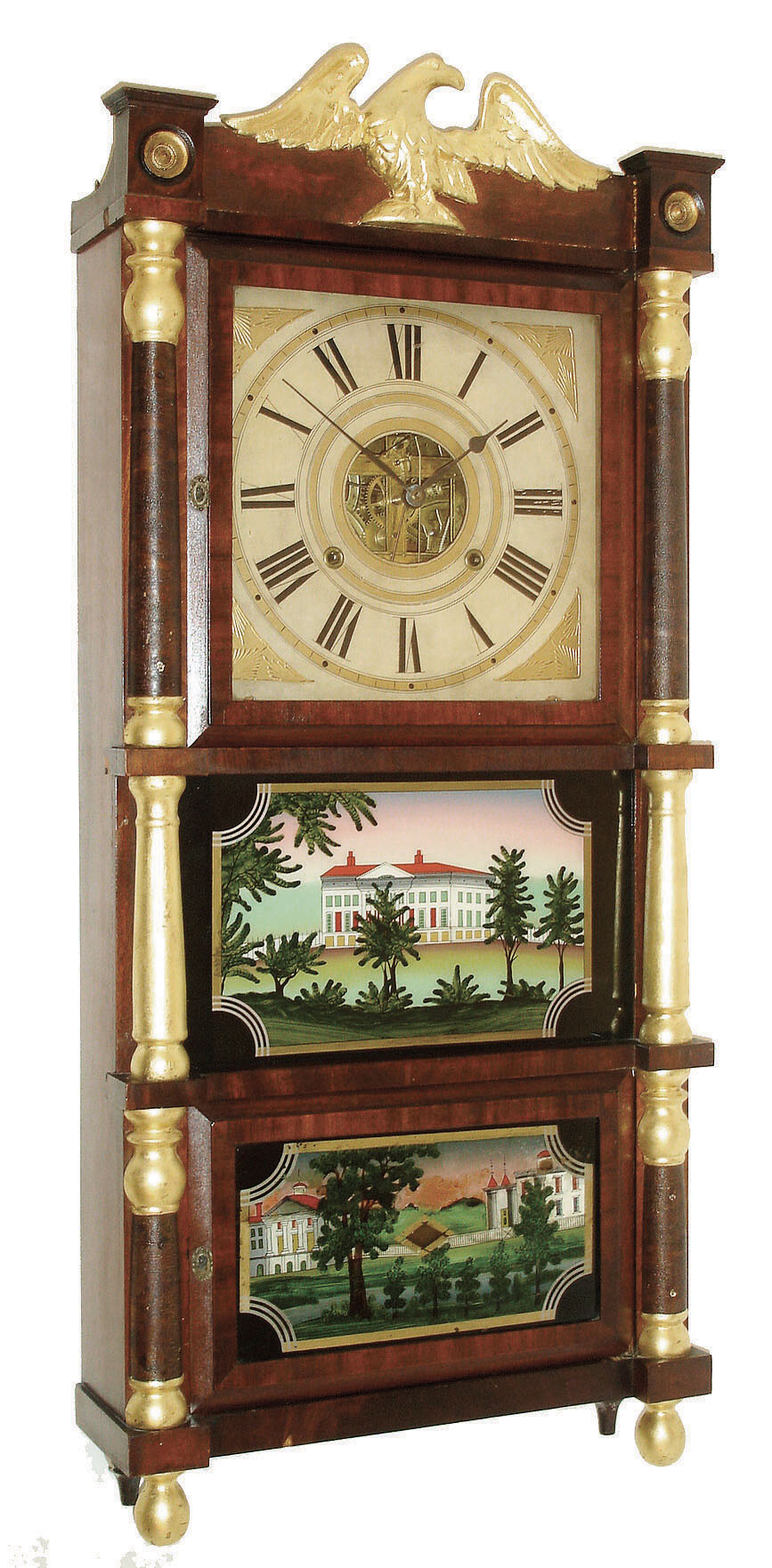 Birge, Mallory &amp; Co., Bristol, Conn., triple decker shelf clock with eagle splat - 8 days, time and strike, strap brass weight driven movement, c1840. — Antique Clocks Price Guide