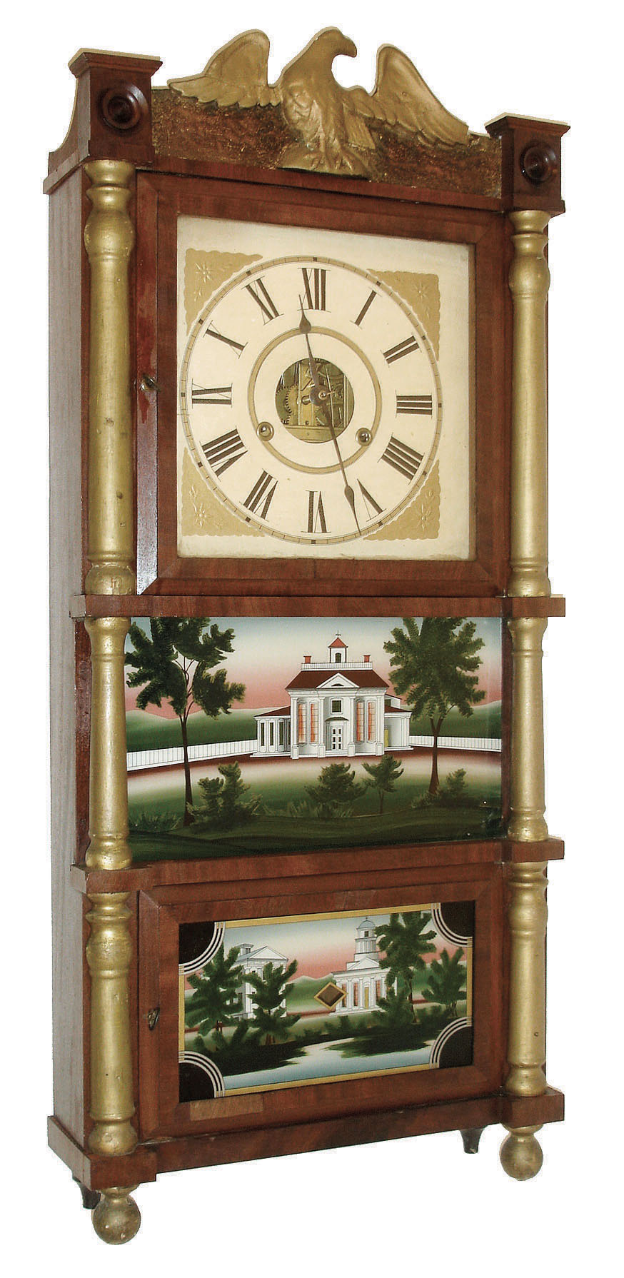 Birge &amp; Fuller, Bristol, Conn., 8 days, time and strike weight brass movement triple-decker shelf clock with eagle splat, c1845 — Antique Clocks Price Guide