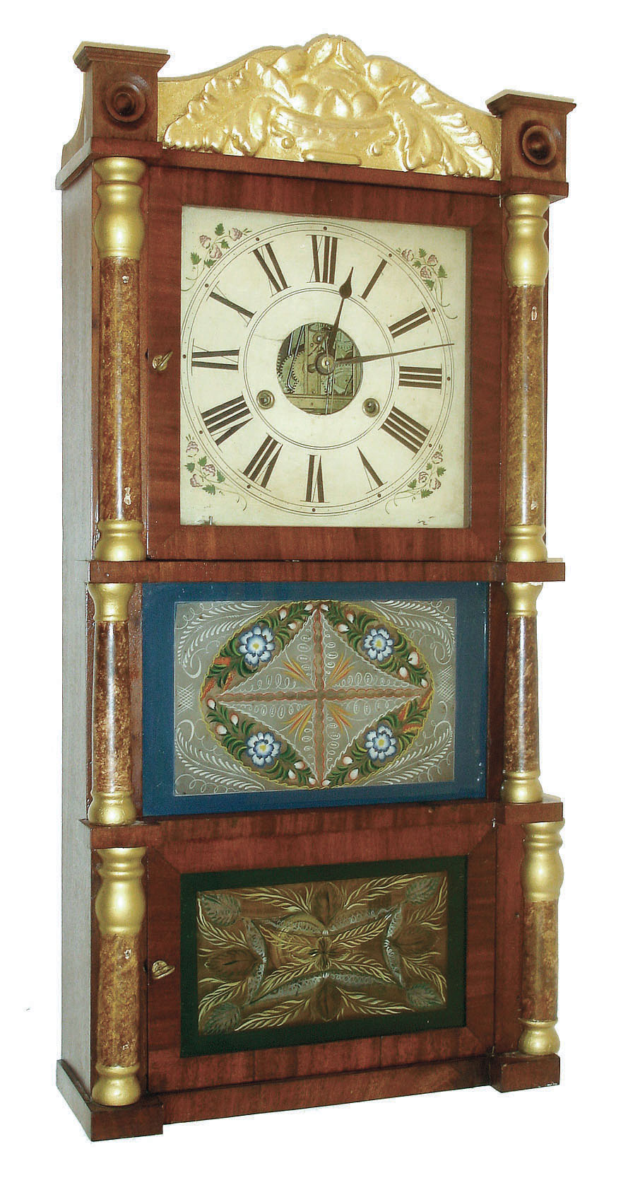 Birge &amp; Fuller, Bristol, Conn., 8 days, time and strike, weight-drive brass strap brass movement triple-decker shelf clock, c1845 — Antique Clocks Price Guide