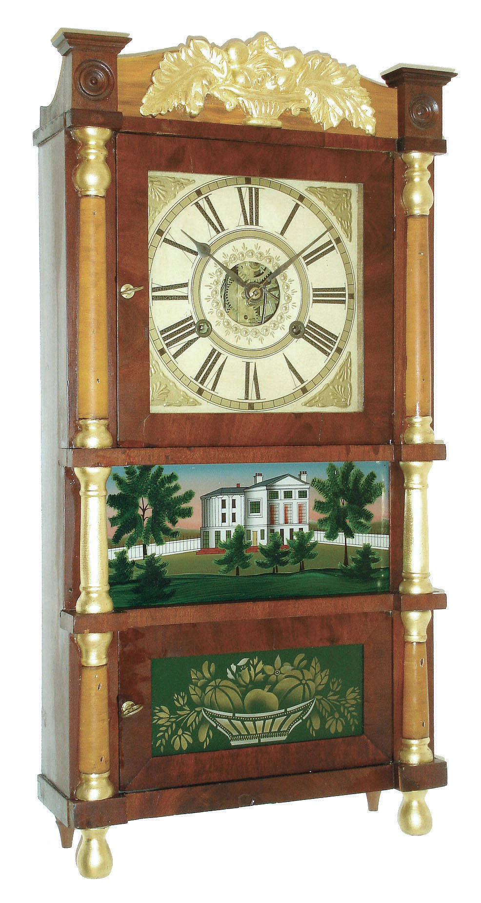 Birge, Mallory &amp; Co., Bristol, Conn., miniature weight triple decker shelf clock with 30 hours, time and strike,, strap brass movement, c1840. — Antique Clocks Price Guide