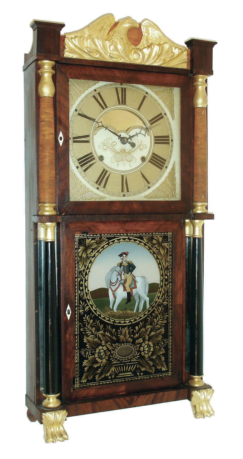 John Birge, Bristol, Conn., 8 days, time and strike, weight driven early strap brass movement double decker shelf clock, c1831 — Antique Clocks Price Guide