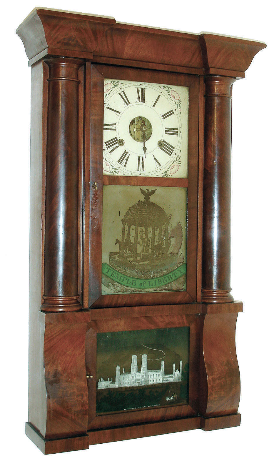 John Birge &amp; Co., Bristol, Conn., 8 days, time and strike, weight driven strap brass movement Cornice &amp; Column shelf clock, c1848. — Antique Clocks Price Guide