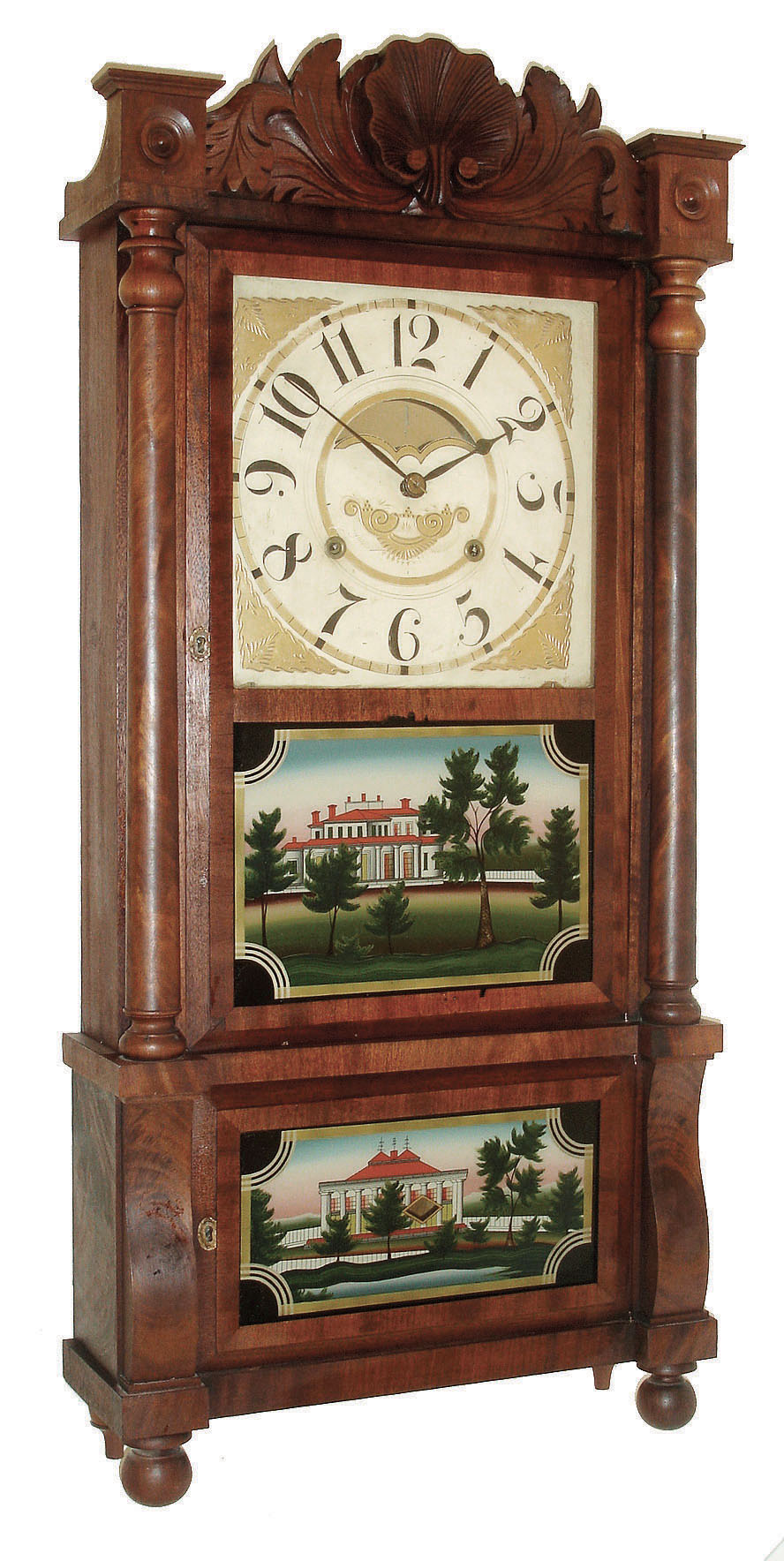 Birge, Mallory &amp; Co., Bristol, CT 8 days, time and strike, weight driven double-decker carved splat shelf clock with strap brass movement, c1840. — Antique Clocks Price Guide