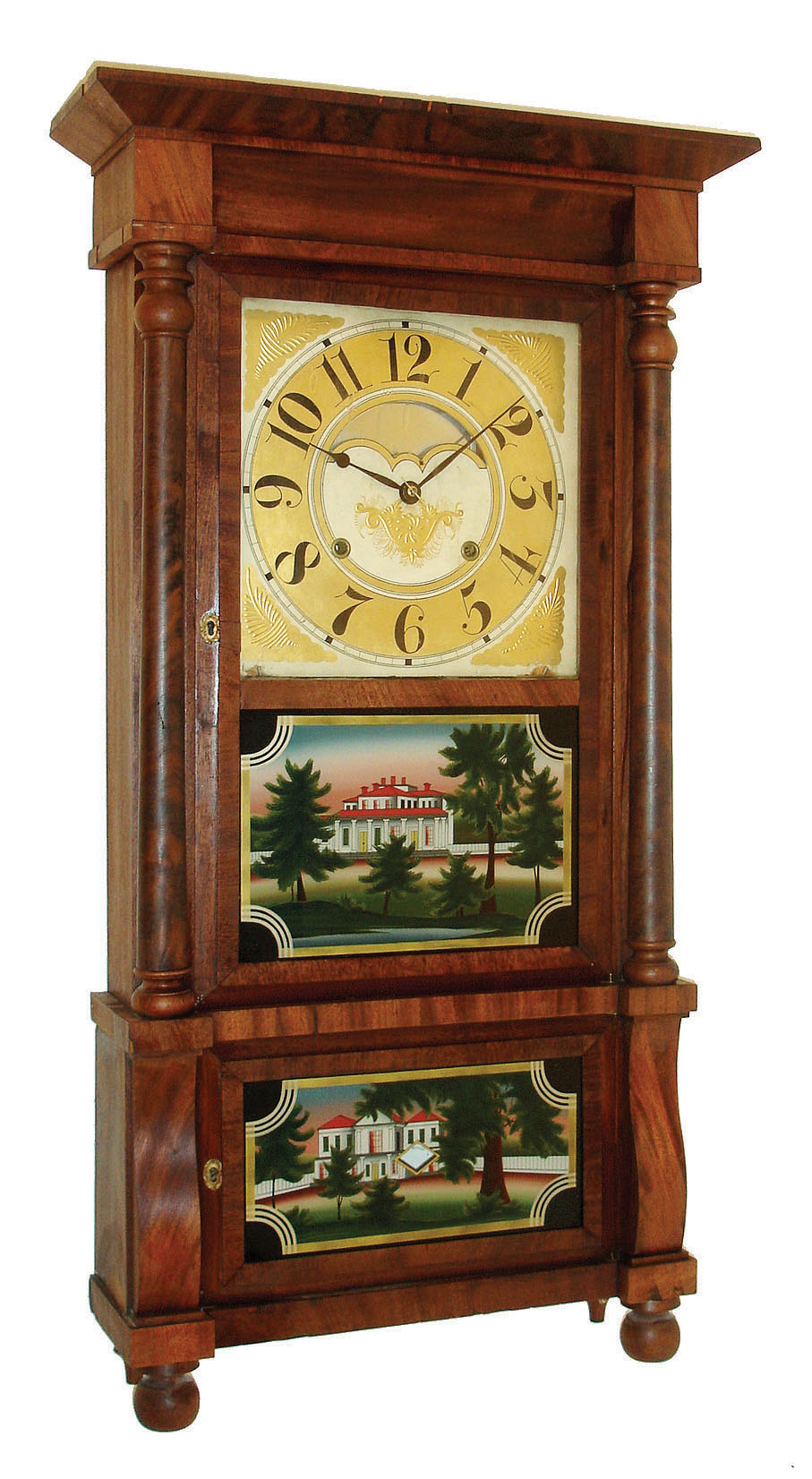 Birge, Mallory &amp; Co., Bristol, CT 8 days, time and strike, weight driven double-decker cornice top shelf clock with a strap brass movement, c1840. — Antique Clocks Price Guide